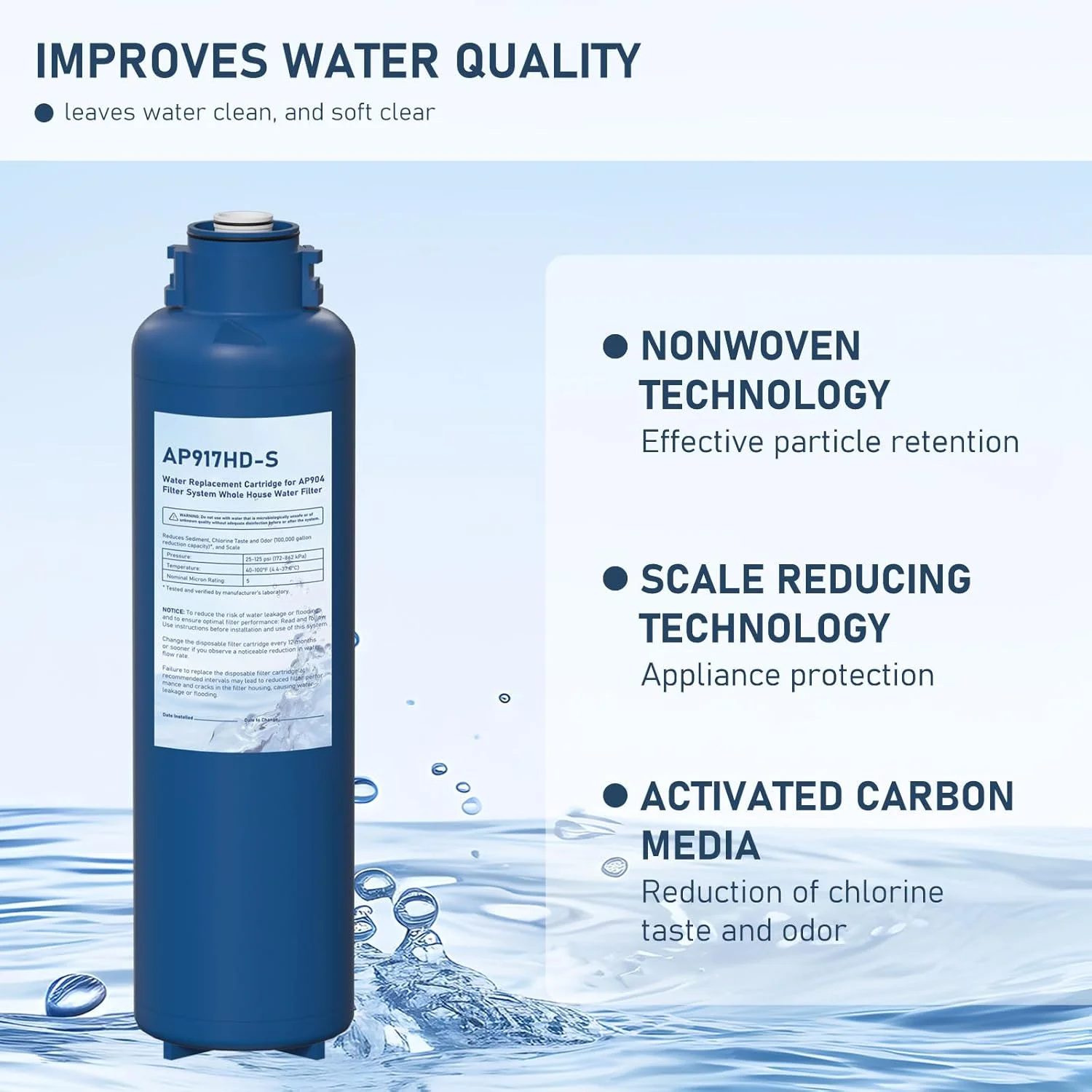 فیلتر جایگزین آب AP917HD-S AP904، کارتریج فیلتر آب با تعویض سریع بهداشتی کل خانه سازگار با سیستم های 3M Aqua-Pure AP917HD-S و AP904، کاهش رسوب، بو و رسوبات آهکی، بسته 2 عددی