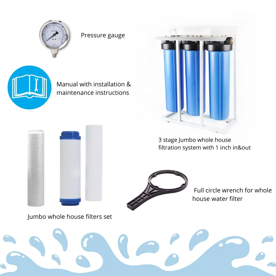سیستم تصفیه آب سه مرحله ای جامبو کل خانه با فیلترهای رسوب گیر و کربن فعال | آب 100% خالص برای کل خانه سیستم تصفیه آب سه مرحله ای جامبو کل خانه با فیلترهای رسوب گیر و کربن فعال | آب 100% خالص برای کل خانه