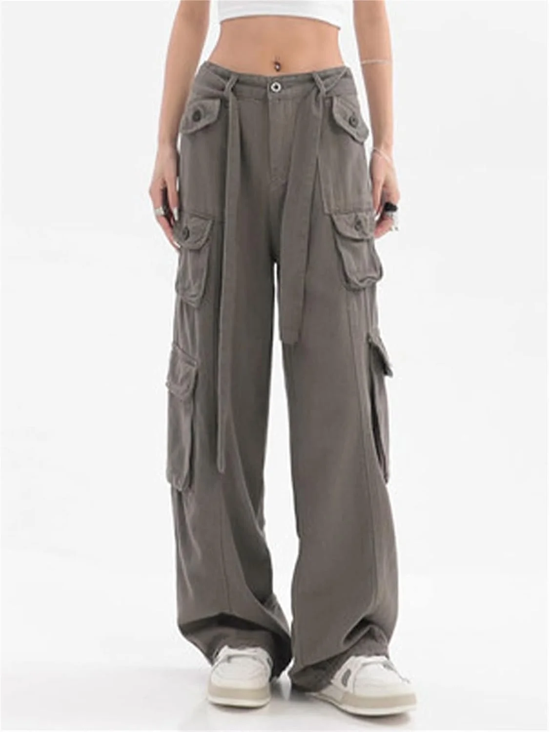 شلوار زنانه BEABAG، شلوار کارگو گشاد Y2K به سبک هیپ هاپ، شلوار عرق‌گیر زنانه با فاق کوتاه، طرح قدیمی استریت ور هاراجوکو 2022، شلوار جاگر پاچه گشاد جیب‌دار (رنگ: خاکستری، سایز: L)