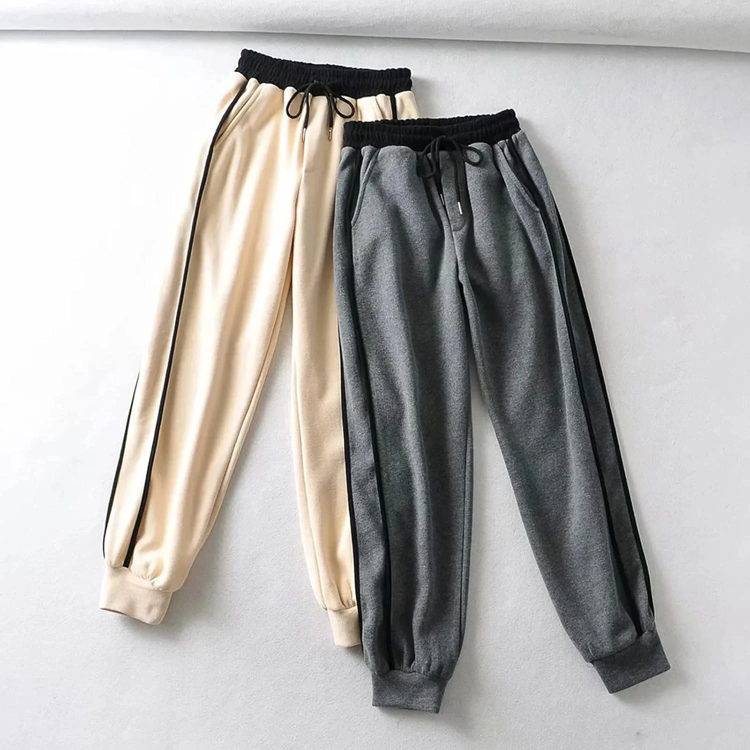 شلوار زنانه BEABAG مناسب بهار، لباس زنانه، شلوار گشاد غیر رسمی، شلوار بند دار کمر بلند زنانه، شلوار ورزشی گشاد زنانه با رنگ متضاد (رنگ: خاکستری، سایز: US-SIZE-L)