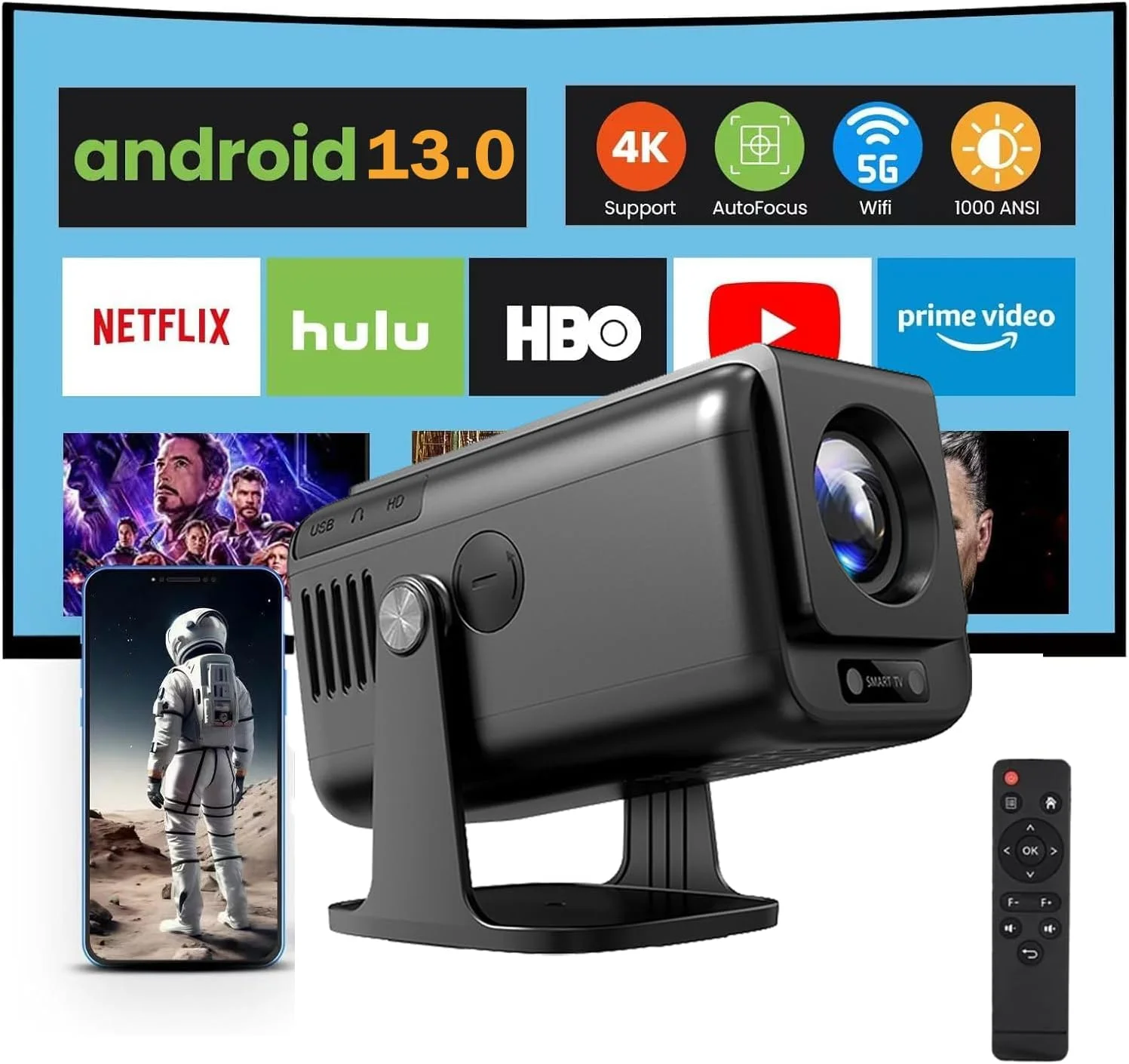 پروژکتور SEMHALF [اندروید 13.0/فوکوس الکتریکی] با WiFi 6 و تصحیح زاویه خودکار، پروژکتور فیلم 15000 لومن، پروژکتور ویدئویی با پشتیبانی از Full HD 1080P و تنظیم زاویه 360 درجه، سینمای خانگی