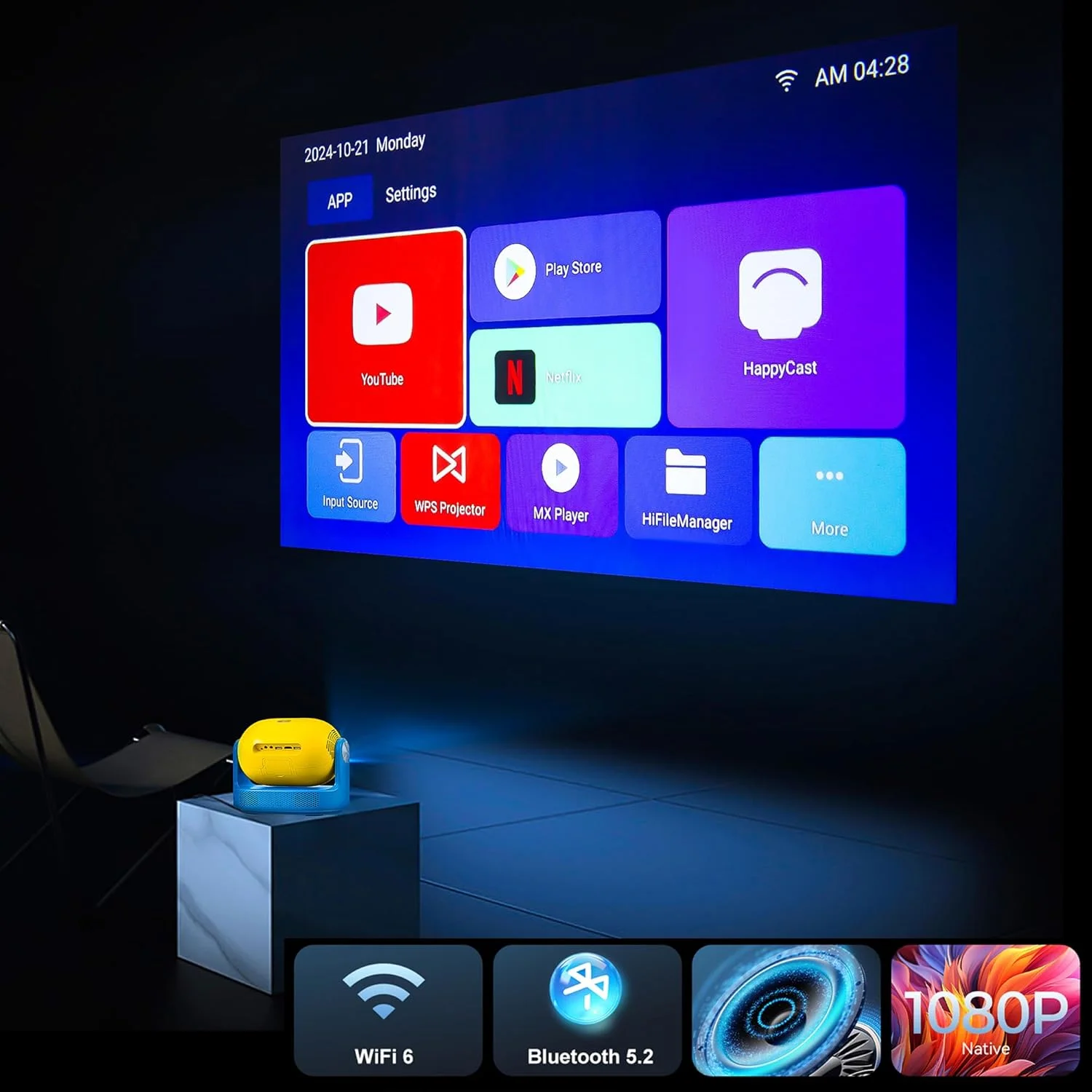 پروژکتور هوشمند U30 با کیفیت 1080P Full HD و پشتیبانی از 4K – لنز قابل تنظیم 180 درجه، WiFi 6 و بلوتوث، پروژکتور LED قابل حمل برای سینمای خانگی و استفاده در فضای باز، HDMI/USB/Audio، کنترل از راه دور – سفید