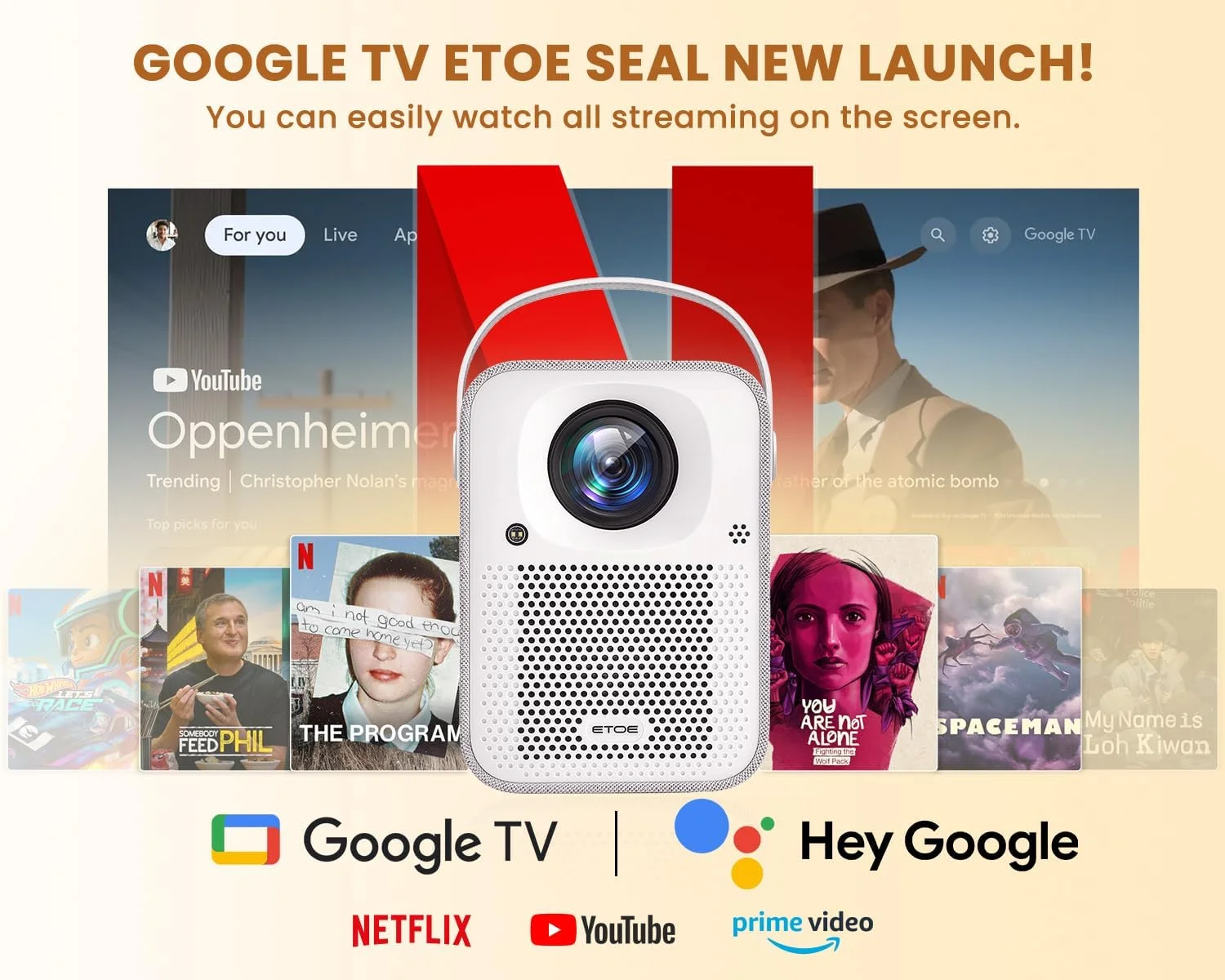 پروژکتور ETOE Seal، مینی پروژکتور 4K Ultra HD با فوکوس خودکار و تصحیح کیستون، 500 انسی لومن، 150 اینچ، سینمای خانگی قابل حمل با Google TV، دارای گواهینامه Netflix، وای فای 5G و بلوتوث پروژکتور ETOE Seal، مینی پروژکتور 4K Ultra HD با فوکوس خودکار و تصحیح کیستون، 500 انسی لومن، 150 اینچ، سینمای خانگی قابل حمل با Google TV، دارای گواهینامه Netflix، وای فای 5G و بلوتوث