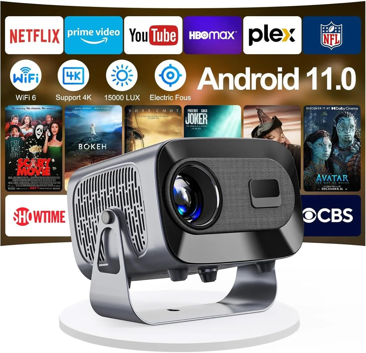 پروژکتور مینی Smartbarry™ [فوکوس الکتریکی | اندروید 11.0 | پشتیبانی از 4K | 15000 لومن | WiFi 6 و BT5.0 | تنظیم زاویه 360 درجه] پروژکتور سینمای خانگی برای فیلم و استریم