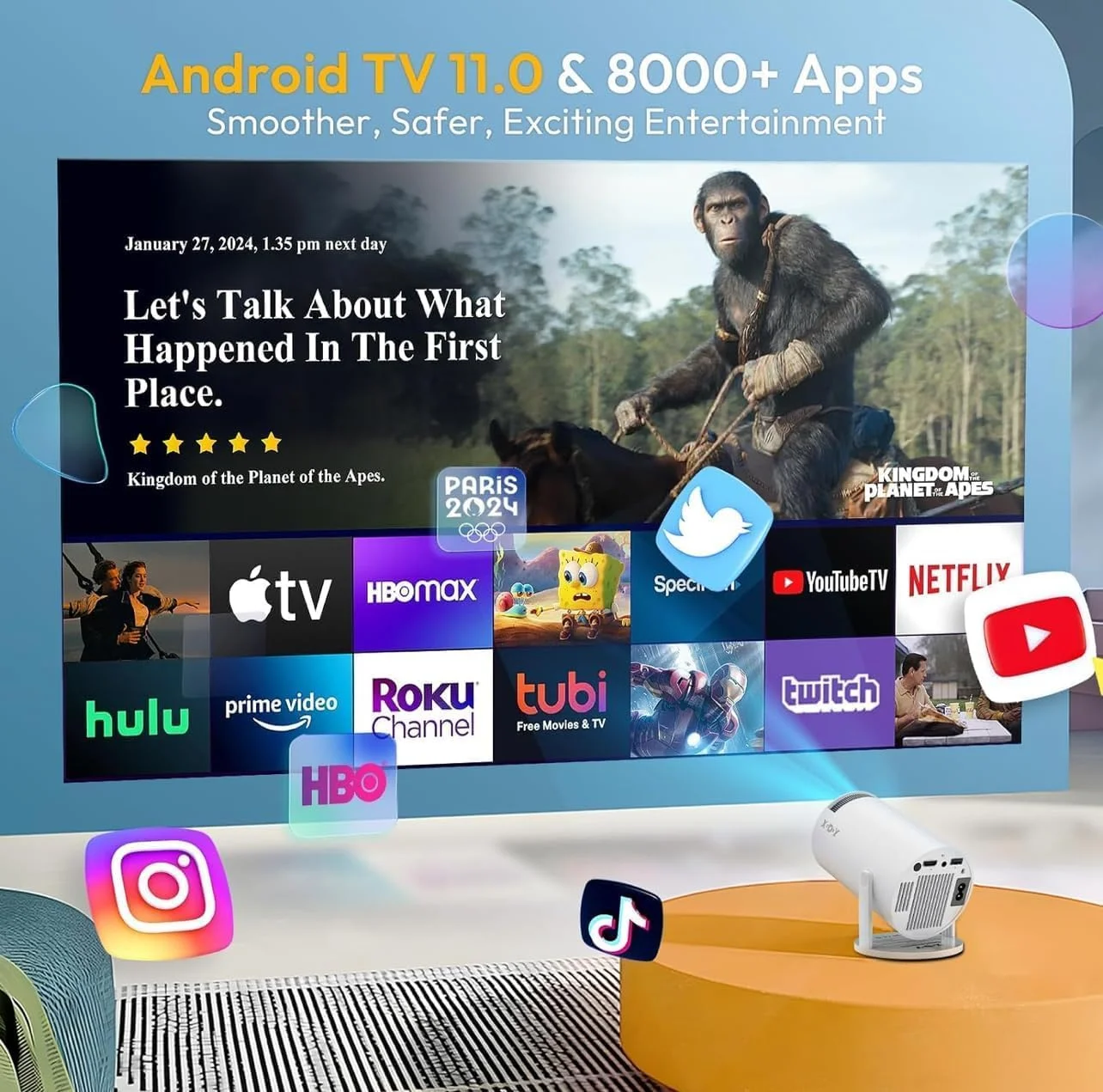 پروژکتور مینی 4K 1080P اسمارتبری با وایفای و بلوتوث – پروژکتور قابل حمل با سیستم عامل اندروید، پایه چرخان 210 درجه، بیش از 8000 برنامه داخلی، طراحی حذف گرد و غبار و دفع حرارت پروژکتور مینی 4K 1080P اسمارتبری با وایفای و بلوتوث – پروژکتور قابل حمل با سیستم عامل اندروید، پایه چرخان 210 درجه، بیش از 8000 برنامه داخلی، طراحی حذف گرد و غبار و دفع حرارت