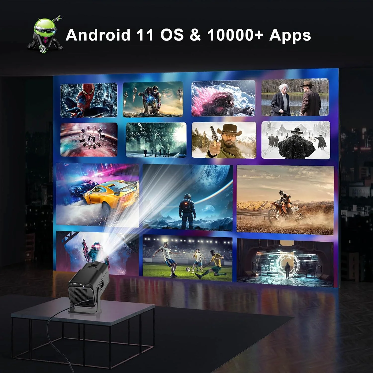 پروژکتور هوشمند 4K وای فای بلوتوث - پروژکتور کوچک اصلی 1080P Salange HY320PRO Max، 20000 لومن، اندروید 11.0، پایه قابل تنظیم 270 درجه، اصلاح خودکار کیستون، پروژکتور قابل حمل فضای باز [ارتقاء جدید 2024]