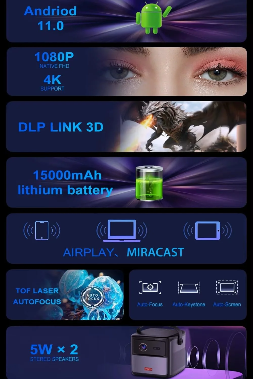 پروژکتور S90 Max 3D سینمای خانگی 4K اندروید 11.0 وای فای مینی قابل حمل 1080P ویدئو پروژکتور DLP با باتری پروژکتور S90 Max 3D سینمای خانگی 4K اندروید 11.0 وای فای مینی قابل حمل 1080P ویدئو پروژکتور DLP با باتری