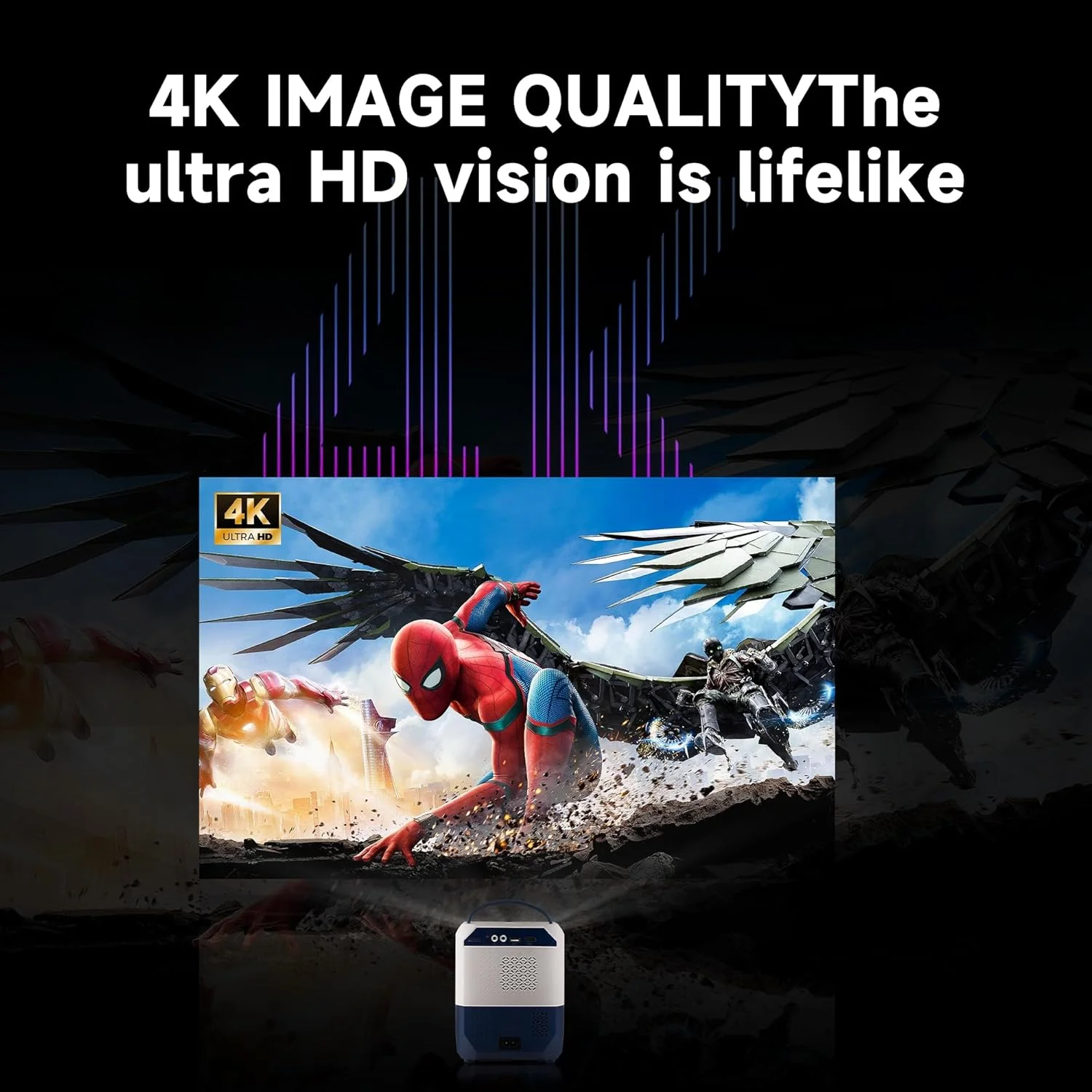 پروژکتور خانگی هوشمند قابل حمل Q5 4K، وای فای 5G، بلوتوث، پخش تصویر از صفحه نمایش اندروید و iOS، فوکوس دستی HDMI/USB/AV/کنترل از راه دور (سفید)