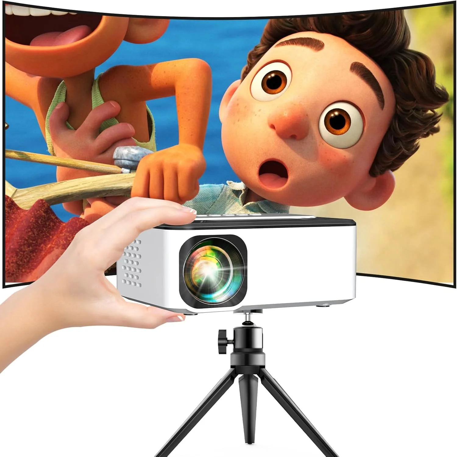 پروژکتور مینی PURSHE با روشنایی 7500 لومن، پروژکتور LCD قابل حمل [شامل پرده نمایش 100 اینچی] پشتیبانی از Full HD 1080P، سازگار با تی وی استیک، تلفن، بازی ها، HDMI، AV، پروژکتور اسلاید برای فیلم های فضای باز