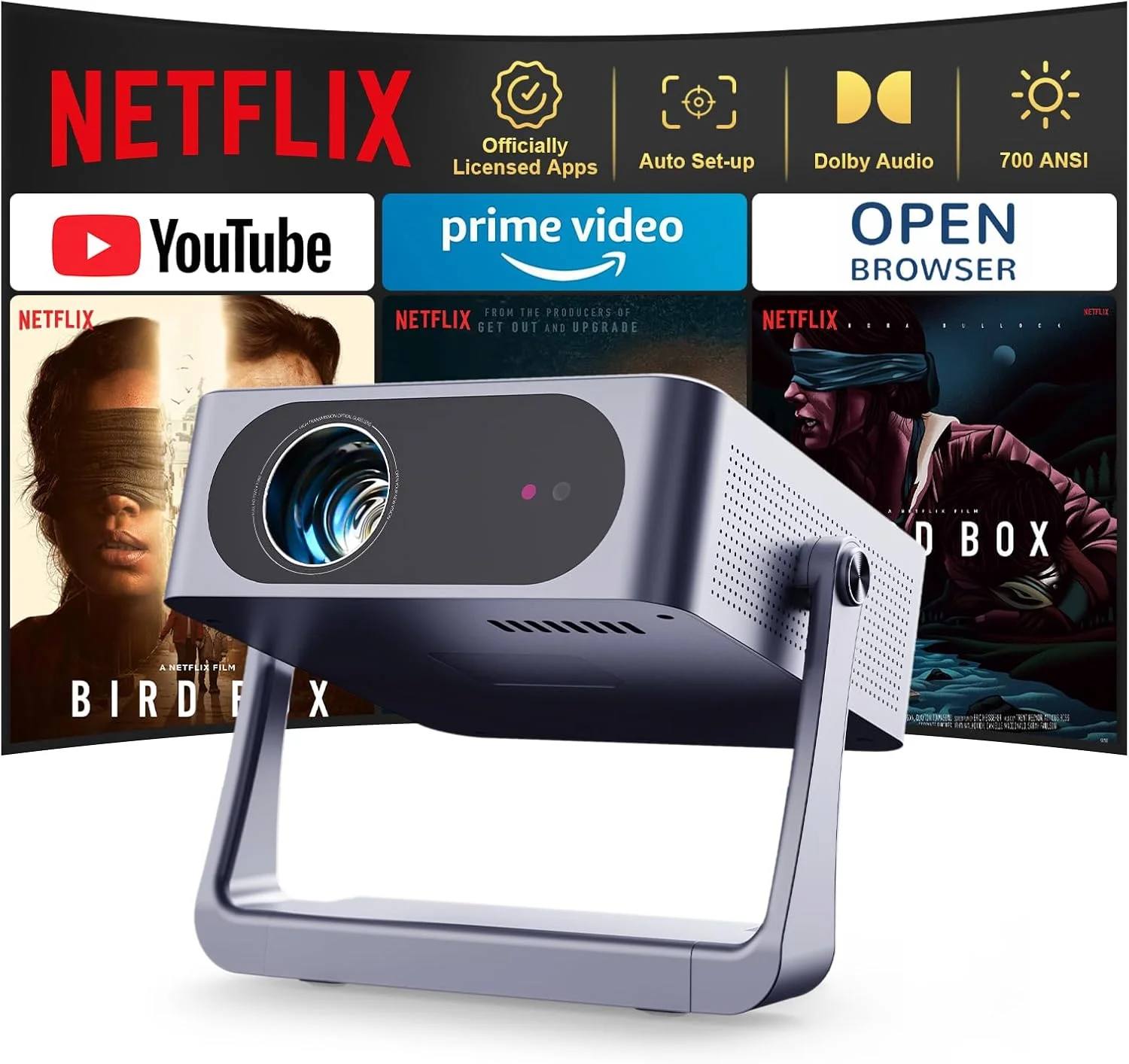 پروژکتور هوشمند 【Netflix Official & Dolby Audio】 700ANSI با فوکوس خودکار AI / پروژکتورهای Keystone Movie، پروژکتور قابل حمل Full HD 1080P، WiFi6 دو طرفه BT5.3 برای سینمای خانگی / سقف / اتاق خواب / فضای باز پروژکتور هوشمند 【Netflix Official & Dolby Audio】 700ANSI با فوکوس خودکار AI / پروژکتورهای Keystone Movie، پروژکتور قابل حمل Full HD 1080P، WiFi6 دو طرفه BT5.3 برای سینمای خانگی / سقف / اتاق خواب / فضای باز