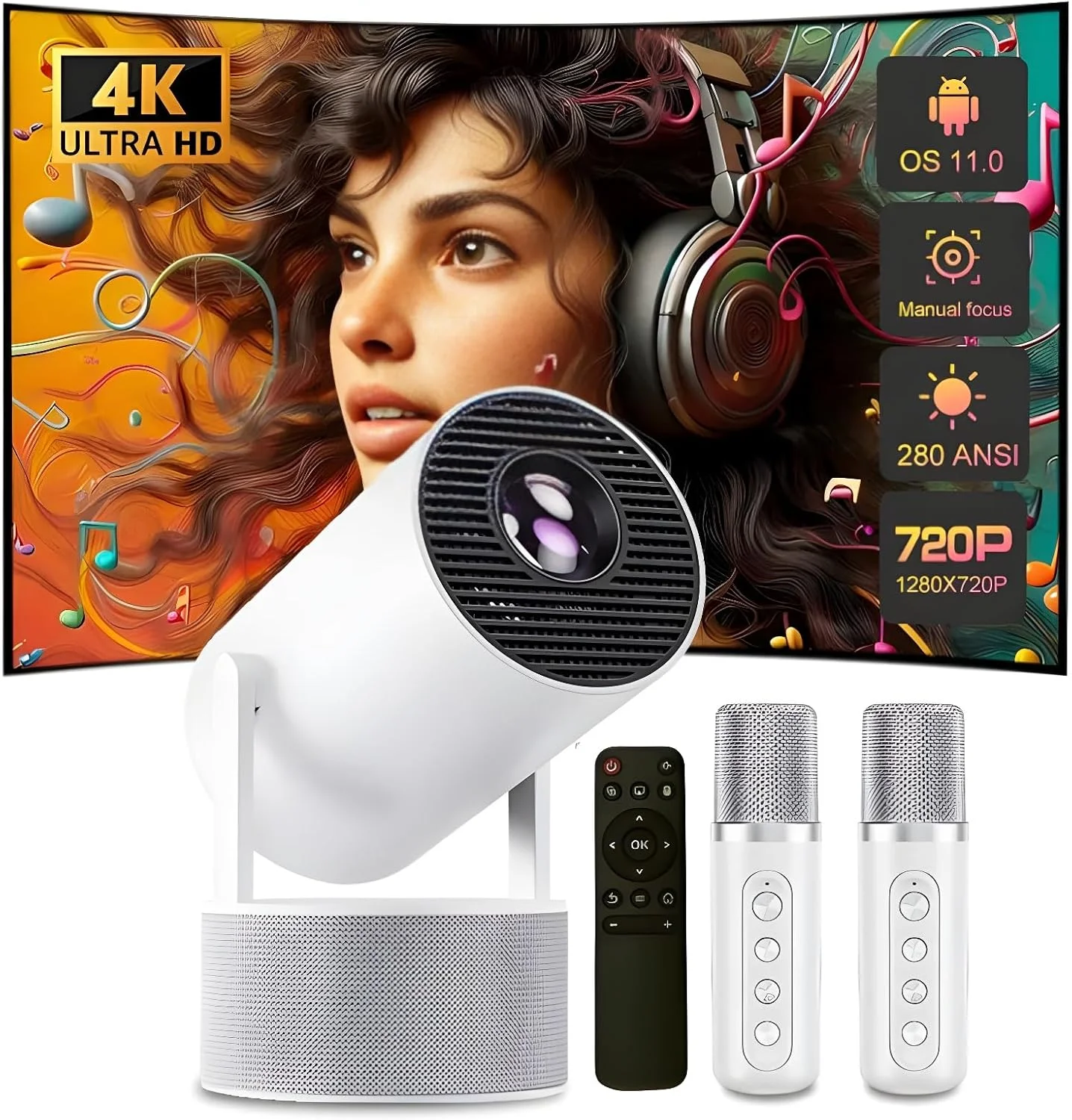 پروژکتور هوشمند مینی با 2 میکروفون بی سیم و اسپیکر 120 واتی، پروژکتور قابل حمل 1080P/4K سینمای خانگی پروژکتور اندروید 11.0 (HY-300 Pro KTV)