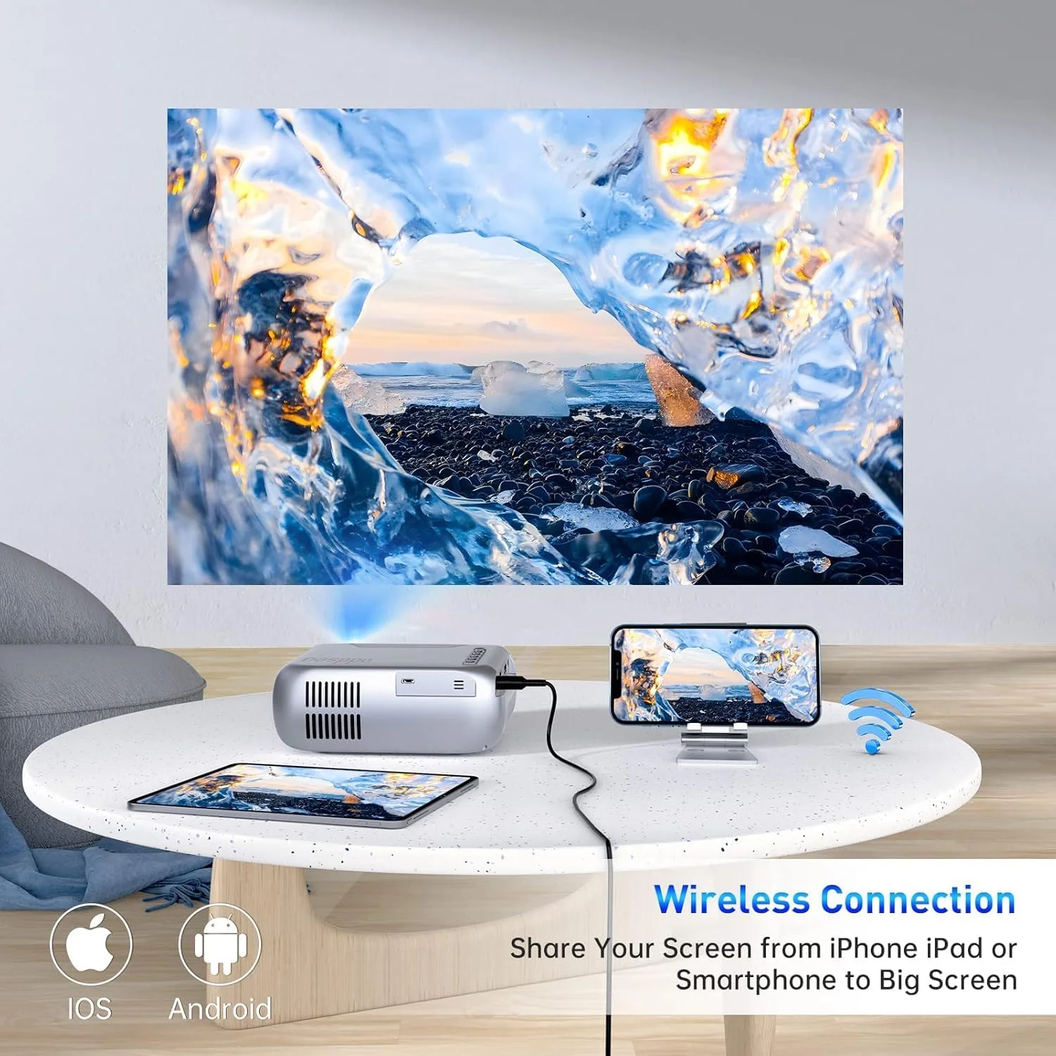 پروژکتور مینی با وای فای، پروژکتور قابل حمل بی سیم، پروژکتور فیلم پشتیبانی از HD 1080P، ایده های هدیه، پروژکتور فیلم قابل حمل کوچک برای استفاده در فضای باز در کمپینگ، پروژکتور سینمای خانگی ویدیویی