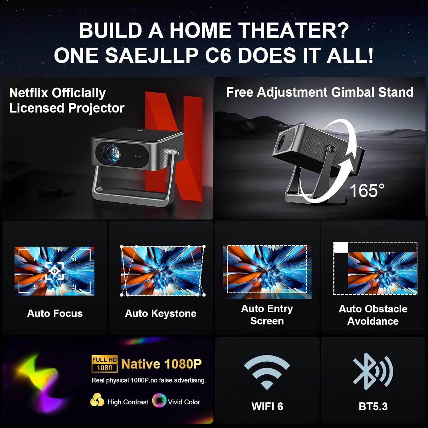 پروژکتور هوشمند 【Netflix Official & Dolby Audio】 700ANSI با فوکوس خودکار AI / پروژکتورهای Keystone Movie، پروژکتور قابل حمل Full HD 1080P، WiFi6 دو طرفه BT5.3 برای سینمای خانگی / سقف / اتاق خواب / فضای باز