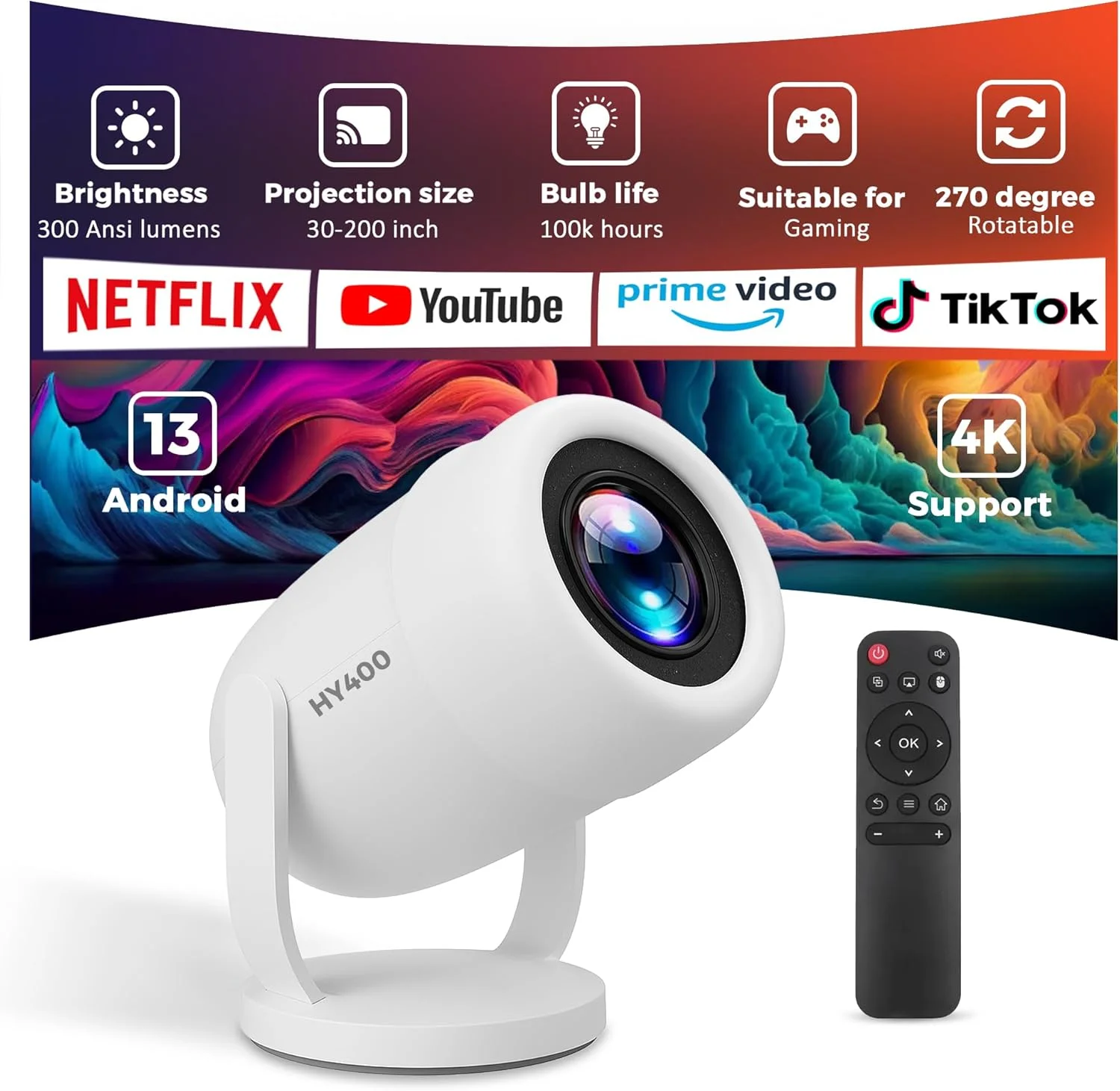 پروژکتور مینی 4K کلیک سیمپل مدل HY400، با روشنایی 300 انسی لومن، اندروید 13، چرخش 270 درجه، عمر لامپ 100 هزار ساعت با صفحه نمایش بزرگ 200 اینچی، پروژکتور گیمینگ، پروژکتور فیلم فوق العاده اچ دی قابل حمل برای تلویزیون، فضای باز پروژکتور مینی 4K کلیک سیمپل مدل HY400، با روشنایی 300 انسی لومن، اندروید 13، چرخش 270 درجه، عمر لامپ 100 هزار ساعت با صفحه نمایش بزرگ 200 اینچی، پروژکتور گیمینگ، پروژکتور فیلم فوق العاده اچ دی قابل حمل برای تلویزیون، فضای باز