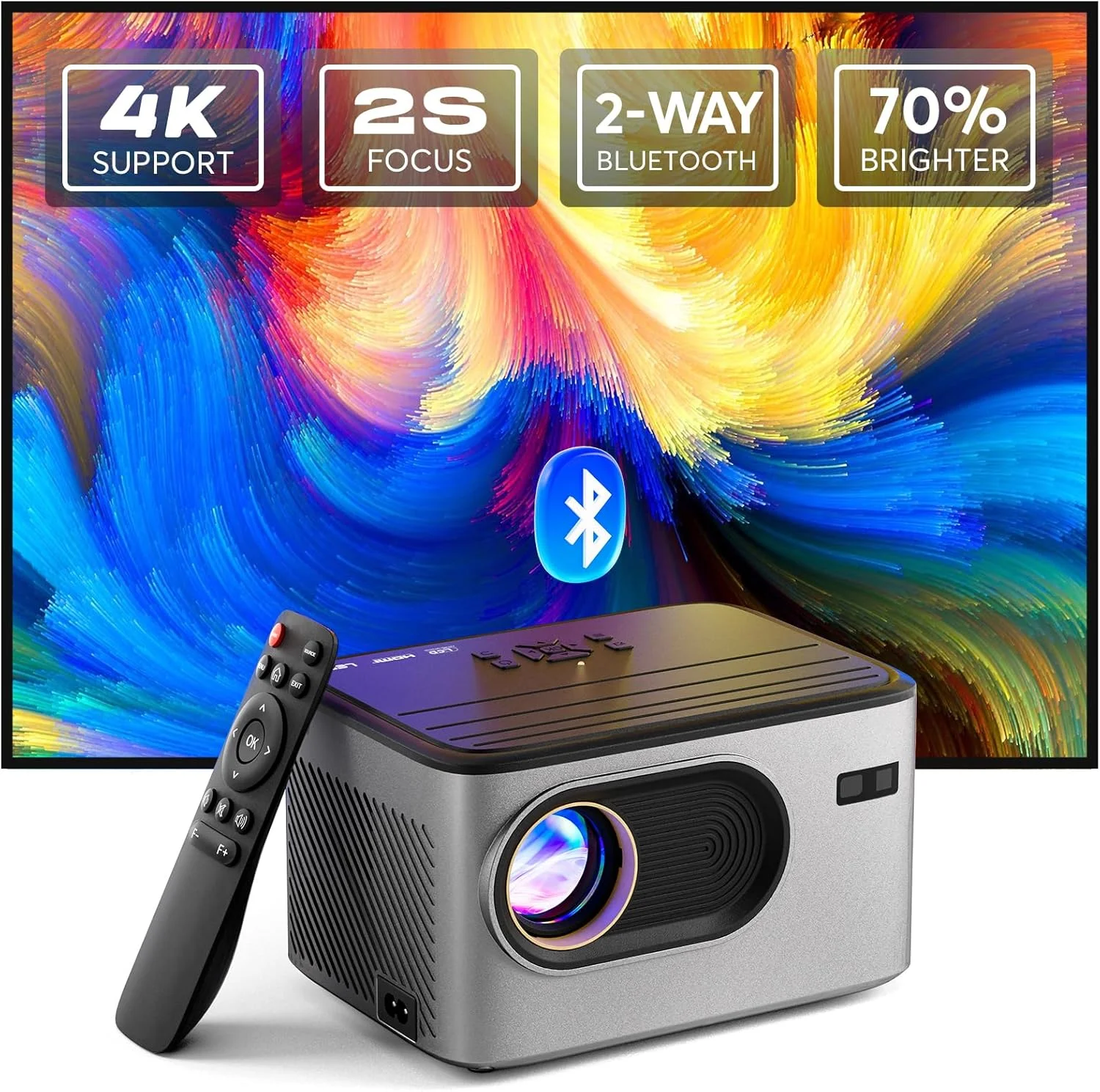 پروژکتور 4K پانسبا با فوکوس از راه دور [2s]، پروژکتور فیلم 1080P اصلی مناسب فضای باز، پروژکتور بلوتوث 5.2 مینی قابل حمل برای سینمای خانگی، سازگار با تلفن هوشمند/HDMI/USB/TV Stick