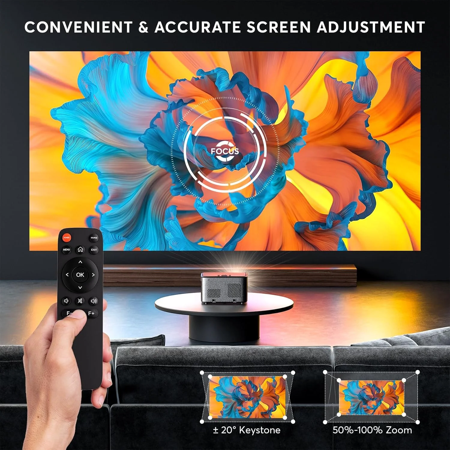 پروژکتور 4K پانسبا با فوکوس از راه دور [2s]، پروژکتور فیلم 1080P اصلی مناسب فضای باز، پروژکتور بلوتوث 5.2 مینی قابل حمل برای سینمای خانگی، سازگار با تلفن هوشمند/HDMI/USB/TV Stick