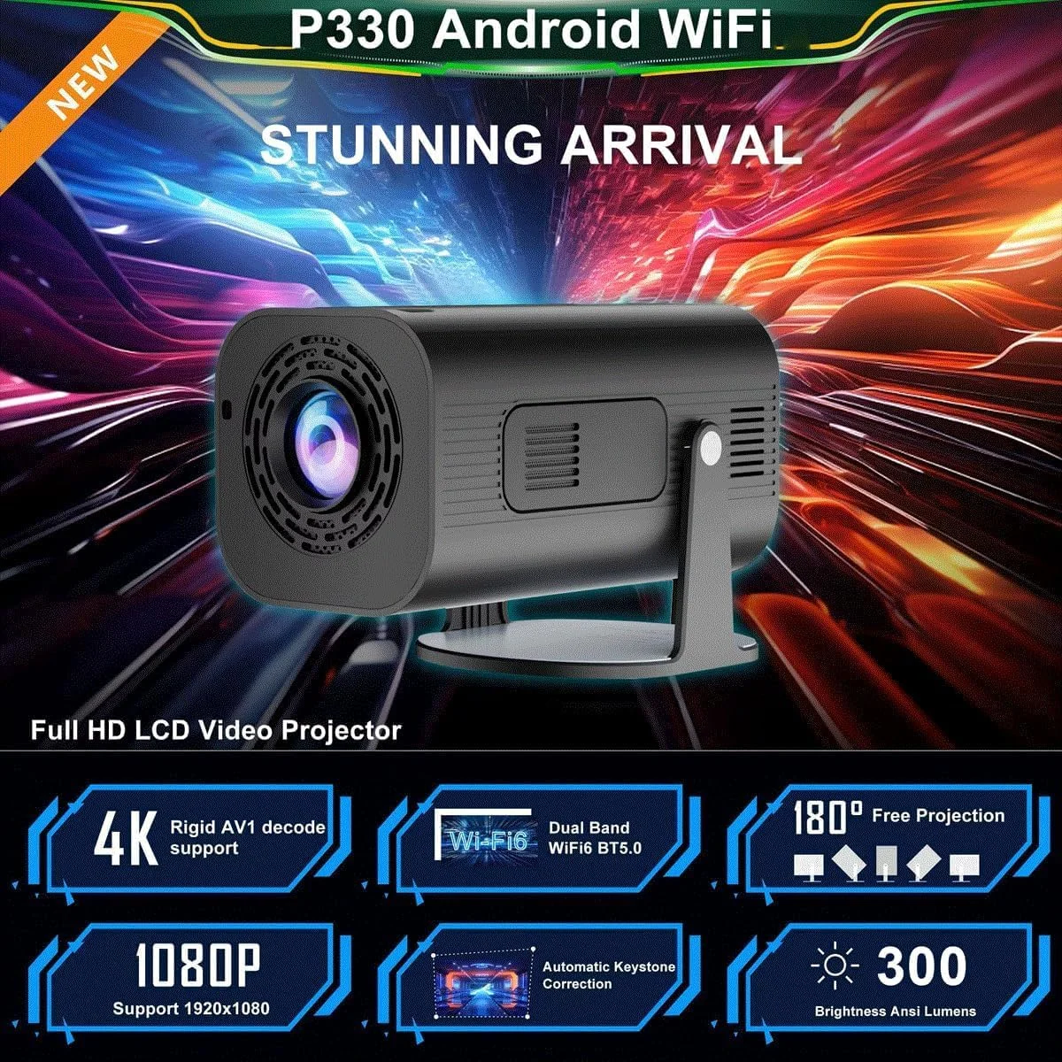 پروژکتور کوچک P330W اندروید 11، با روشنایی 280 انسی، پشتیبانی از کیفیت 4K و 8K و رزولوشن 1080P، دارای وای فای 6 و بلوتوث 5.0، مناسب سینمای خانگی، پروژکتور قابل حمل اندروید/IOS (مشکی) پروژکتور کوچک P330W اندروید 11، با روشنایی 280 انسی، پشتیبانی از کیفیت 4K و 8K و رزولوشن 1080P، دارای وای فای 6 و بلوتوث 5.0، مناسب سینمای خانگی، پروژکتور قابل حمل اندروید/IOS (مشکی)