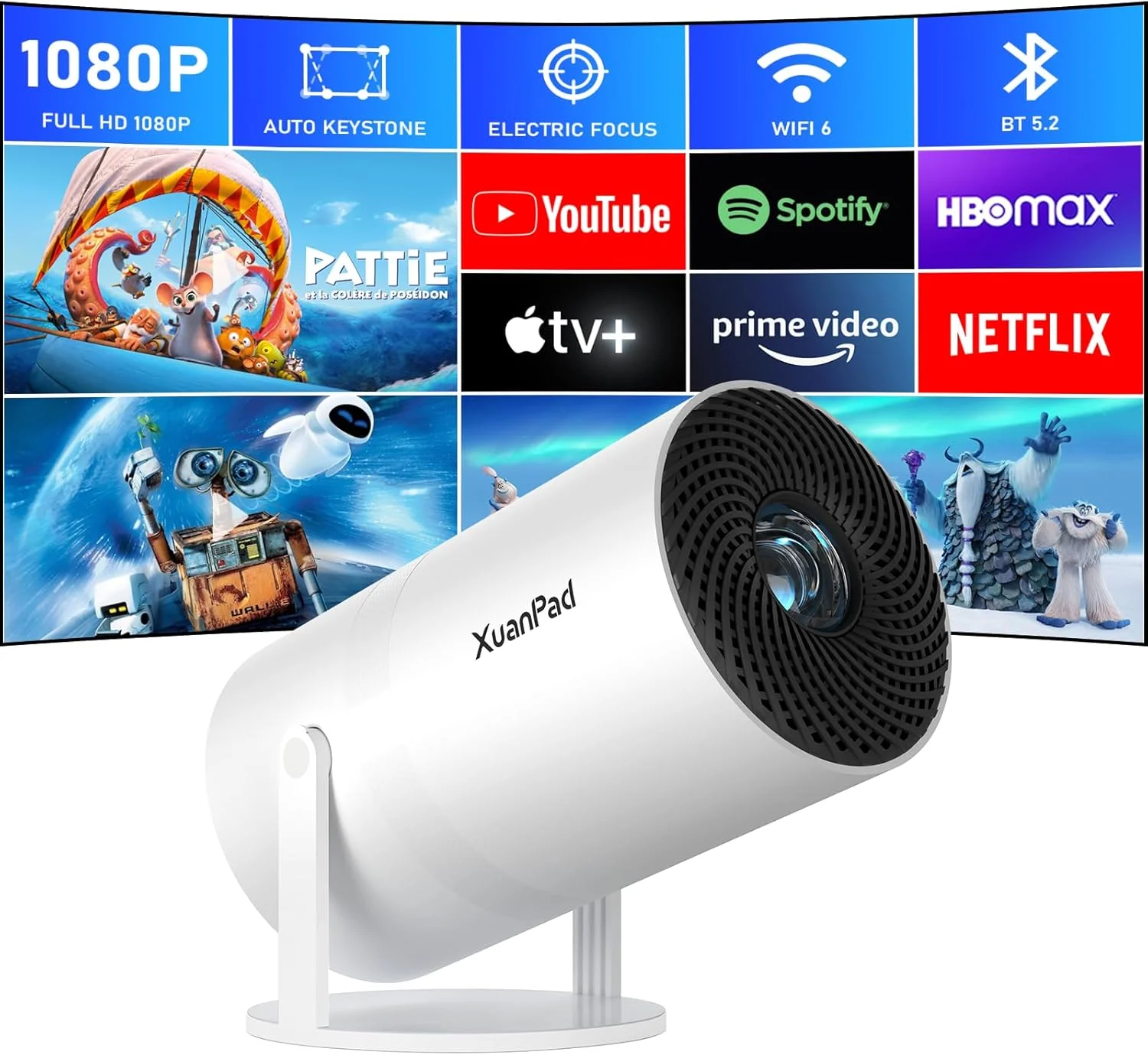 پروژکتور [Netflix Officially & Electric Focus] با WiFi و بلوتوث، پروژکتور قابل حمل XuanPad Full HD 1080P، پایه چرخان 210 درجه، Auto Keystone، طراحی حذف گرد و غبار و اتلاف گرما