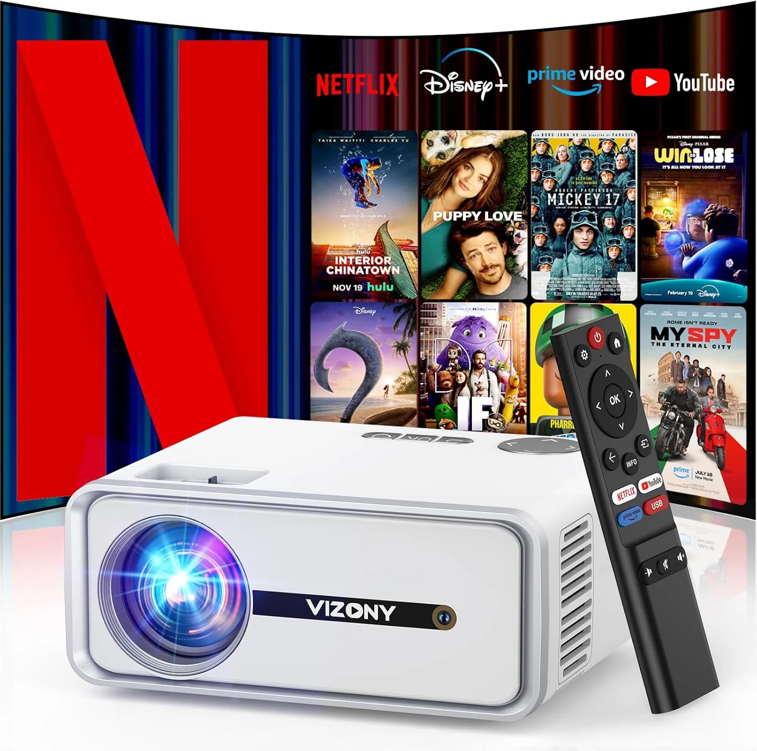 پروژکتور هوشمند [Netflix Officially/Dolby Audio] با WiFi و بلوتوث، پروژکتور VIZONY Native 1080P با برنامه های داخلی Netflix، Youtube، Hulu، Disney+، پروژکتور مینی قابل حمل برای داخل/خارج از منزل