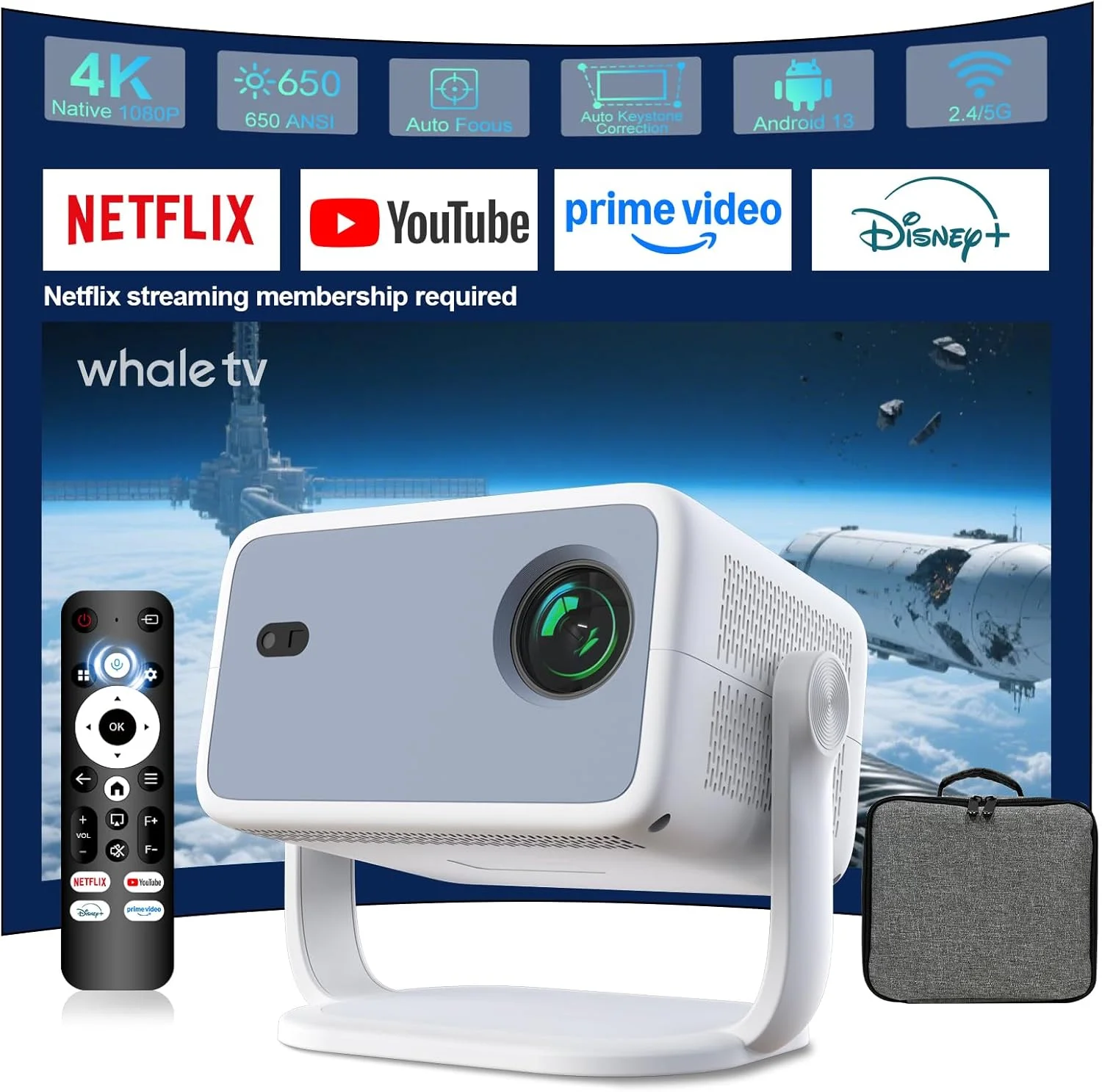 پروژکتور هوشمند دارای وای فای و بلوتوث، فوکوس خودکار و کیستون خودکار، چرخش 360 درجه، پشتیبانی از 4K، رزولوشن اصلی 1080P، مینی پروژکتور قابل حمل 650 ANSI