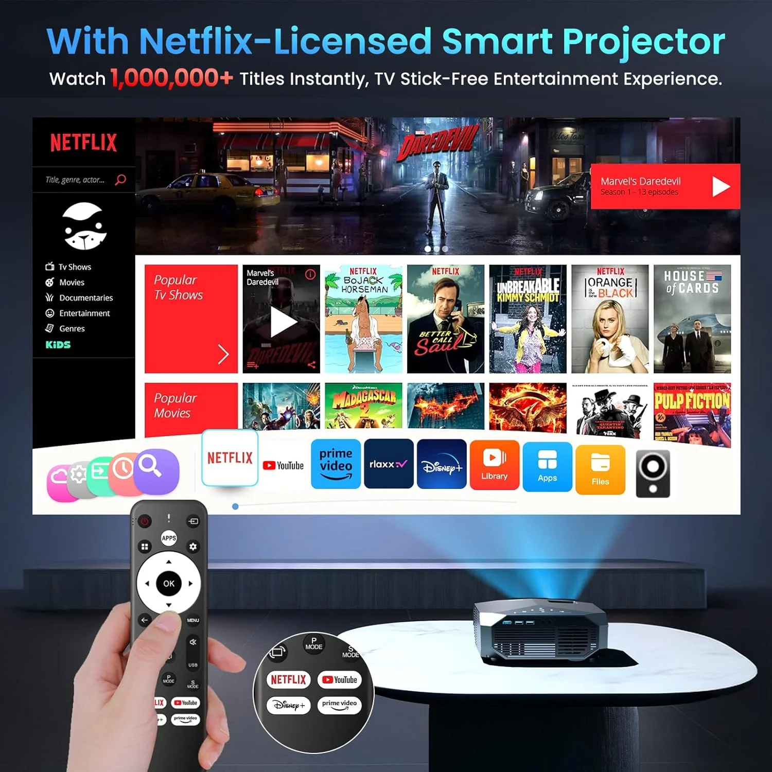 پروژکتور هوشمند [رسمی نتفلیکس/1000 ANSI] با WiFi 6 و بلوتوث 5.3، پروژکتور فیلم 4K مناسب فضای باز با NETFLIX/Prime Video/YouTube، پروژکتور قابل حمل سازگار با HDMI/USB/iOS/Android