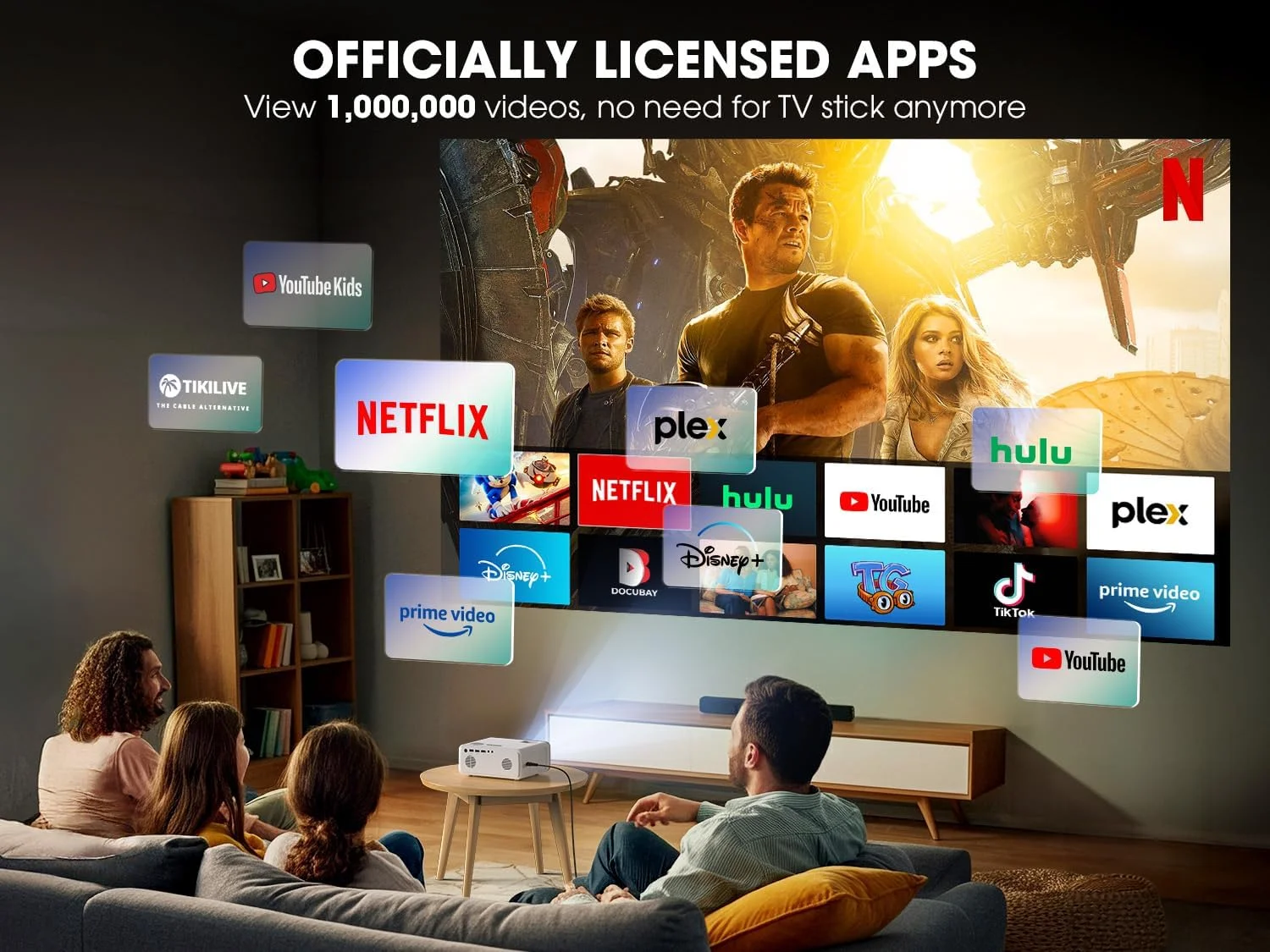 پروژکتور هوشمند [Netflix Officially/Dolby Audio] با WiFi و بلوتوث، پروژکتور VIZONY Native 1080P با برنامه های داخلی Netflix، Youtube، Hulu، Disney+، پروژکتور مینی قابل حمل برای داخل/خارج از منزل