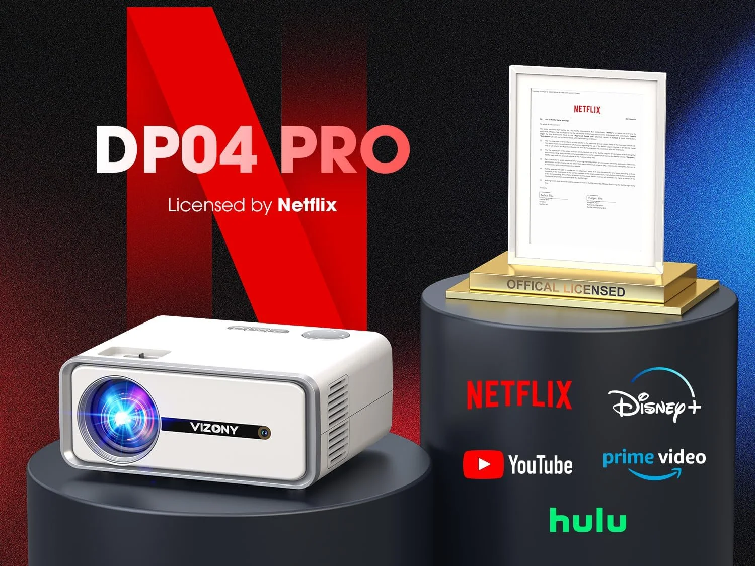 پروژکتور هوشمند [Netflix Officially/Dolby Audio] با WiFi و بلوتوث، پروژکتور VIZONY Native 1080P با برنامه های داخلی Netflix، Youtube، Hulu، Disney+، پروژکتور مینی قابل حمل برای داخل/خارج از منزل