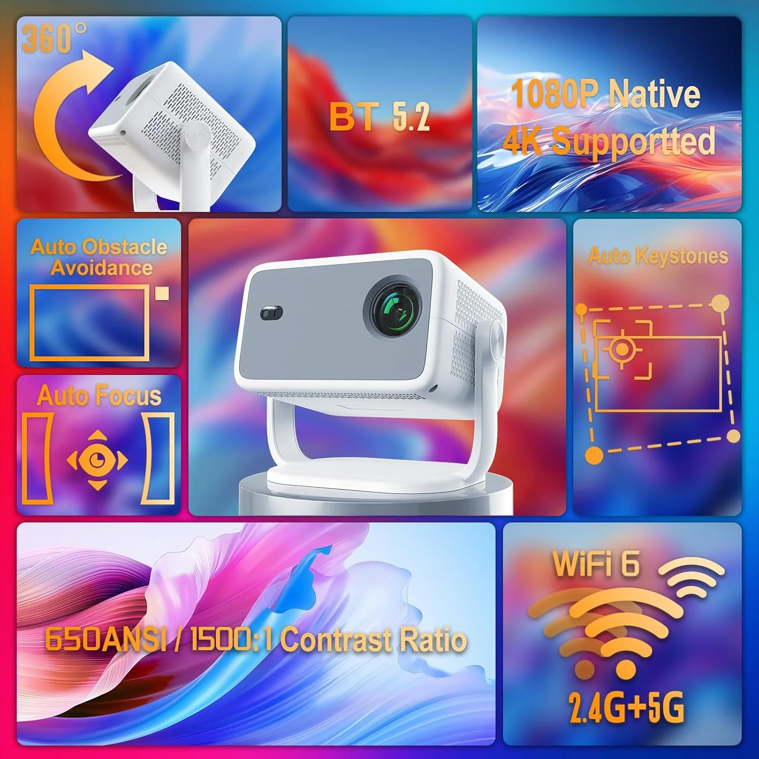 پروژکتور هوشمند دارای وای فای و بلوتوث، فوکوس خودکار و کیستون خودکار، چرخش 360 درجه، پشتیبانی از 4K، رزولوشن اصلی 1080P، مینی پروژکتور قابل حمل 650 ANSI پروژکتور هوشمند دارای وای فای و بلوتوث، فوکوس خودکار و کیستون خودکار، چرخش 360 درجه، پشتیبانی از 4K، رزولوشن اصلی 1080P، مینی پروژکتور قابل حمل 650 ANSI