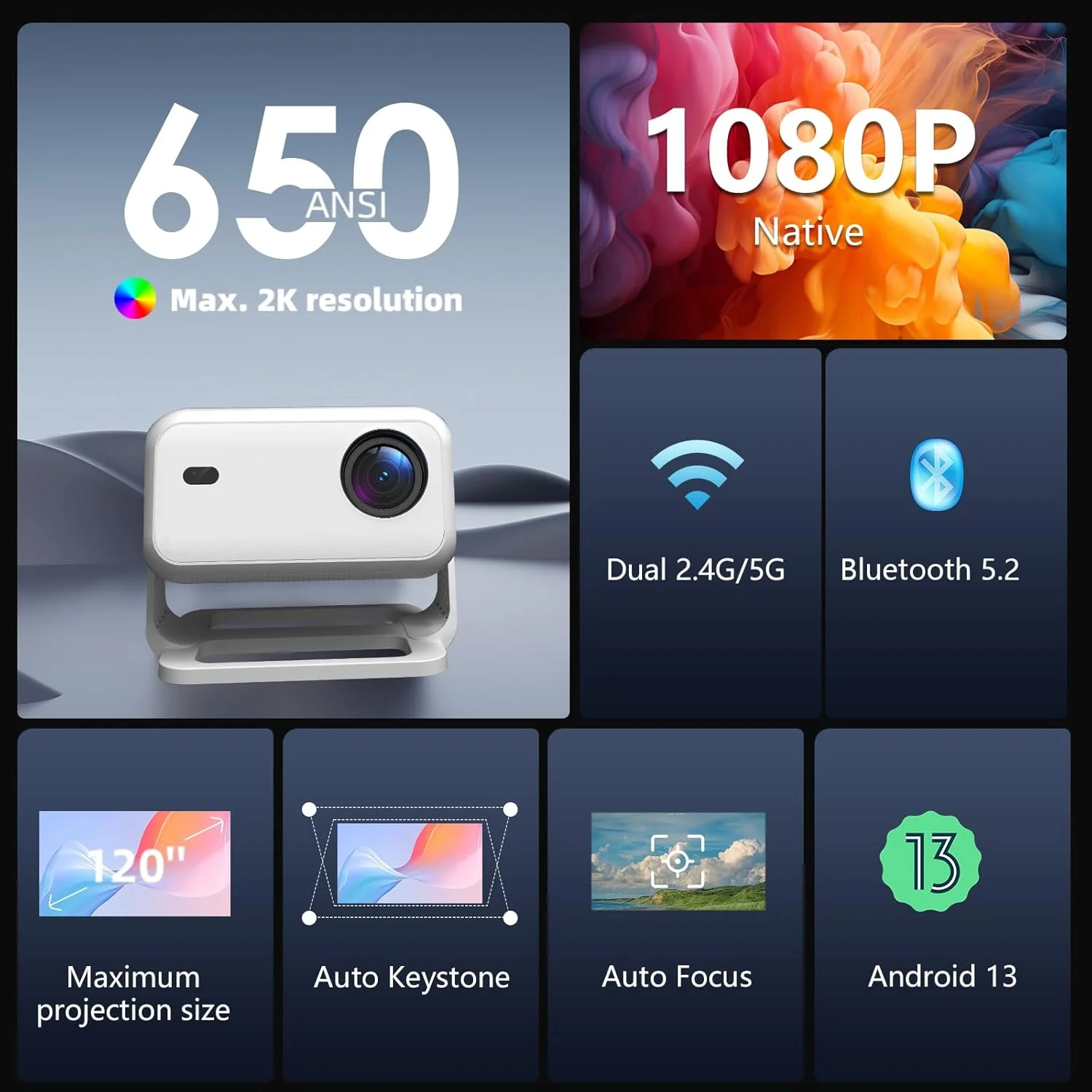پروژکتور هوشمند NOBKLEN با Netflix، اندروید 13، WiFi 6، بلوتوث 5.2، پشتیبانی از 4K، Dolby Audio، فوکوس خودکار - سینمای خانگی قابل حمل 1080P برای فیلم، بازی، استفاده در فضای باز پروژکتور هوشمند NOBKLEN با Netflix، اندروید 13، WiFi 6، بلوتوث 5.2، پشتیبانی از 4K، Dolby Audio، فوکوس خودکار - سینمای خانگی قابل حمل 1080P برای فیلم، بازی، استفاده در فضای باز