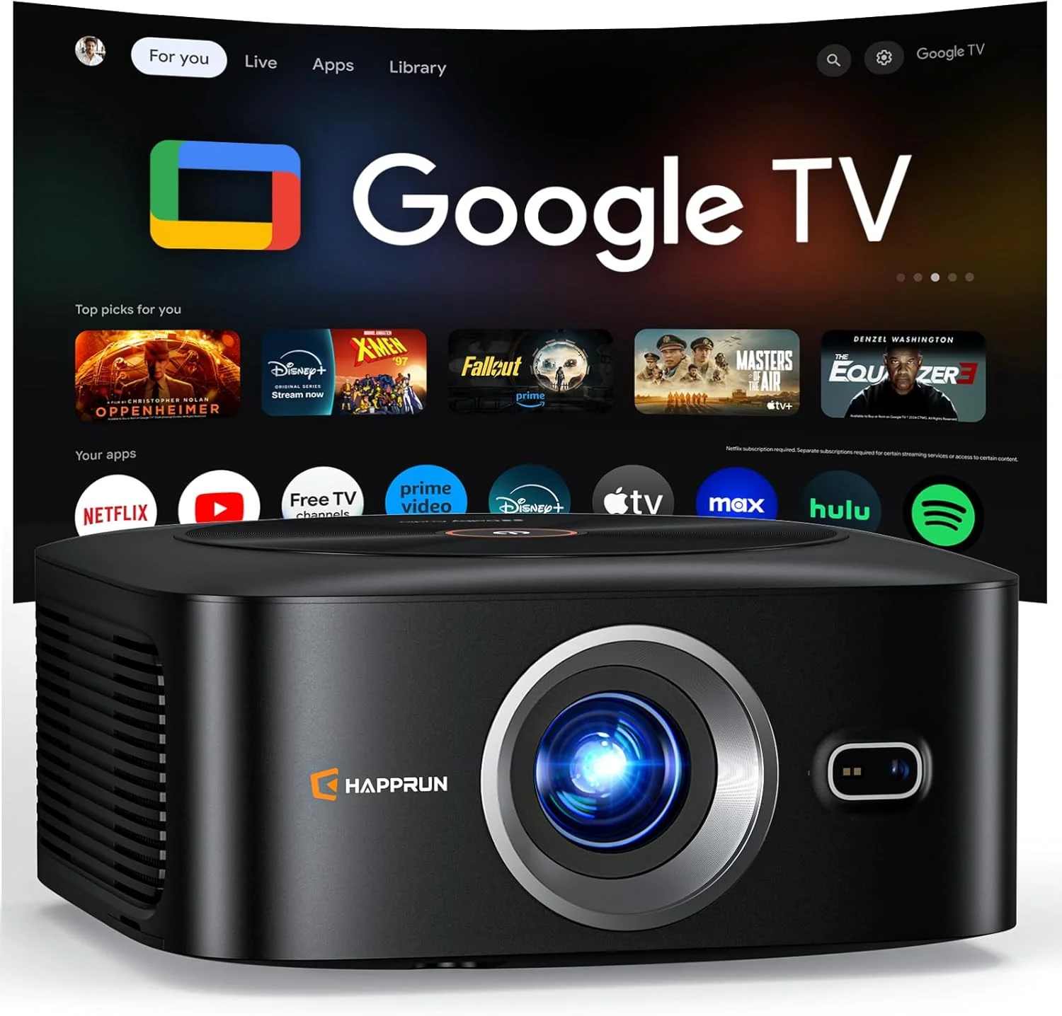 پروژکتور هوشمند دارای مجوز رسمی Google TV، پروژکتور HAPPRUN با Wifi و بلوتوث، صدای DoIby، 1080P Native 1000ANSI، فوکوس خودکار و Keystone، پروژکتور قابل حمل برای سینمای خانگی، اتاق خواب، فضای باز
