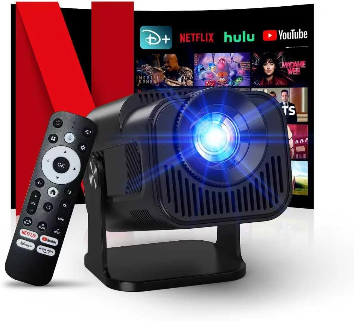 پروژکتور 4K با وای فای و بلوتوث [رسمی نتفلیکس/بلندگوهای استریو]، پروژکتور کوچک قابل حمل 1080P Native، استفاده با یک کلیک دارای نتفلیکس/یوتیوب/پرایم ویدیو/D+ داخلی، پروژکتور هوشمند خانگی و فضای باز
