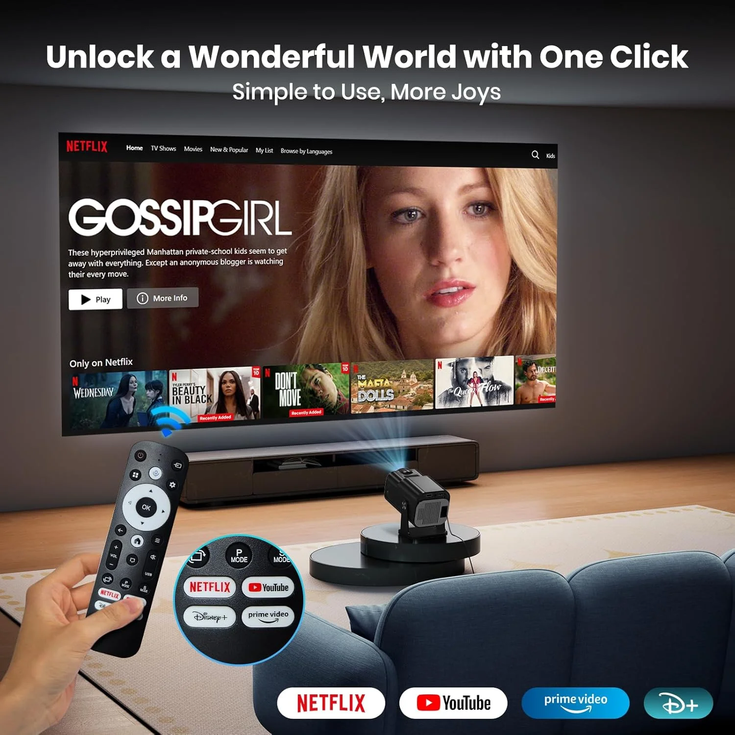پروژکتور 4K با وای فای و بلوتوث [رسمی نتفلیکس/بلندگوهای استریو]، پروژکتور کوچک قابل حمل 1080P Native، استفاده با یک کلیک دارای نتفلیکس/یوتیوب/پرایم ویدیو/D+ داخلی، پروژکتور هوشمند خانگی و فضای باز