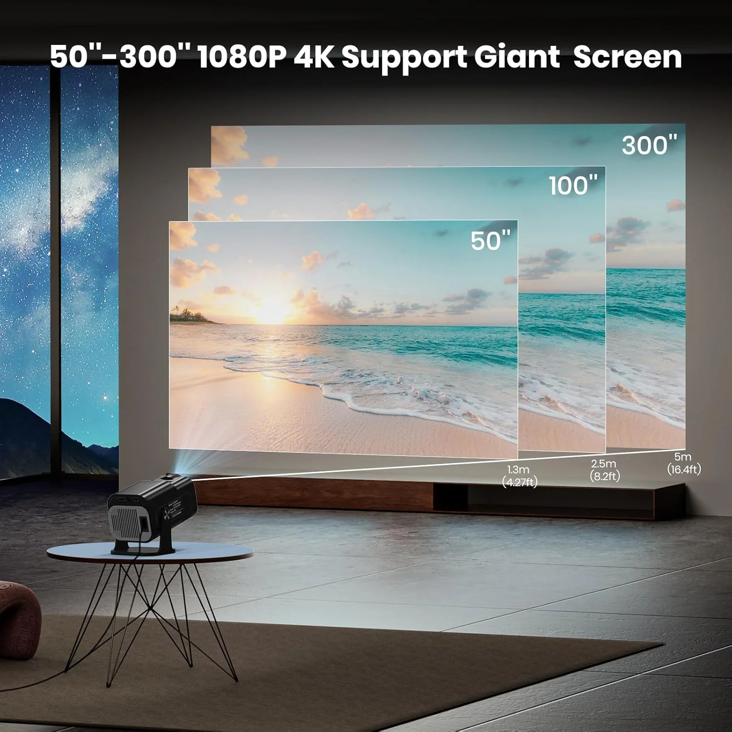 پروژکتور 4K با وای فای و بلوتوث [رسمی نتفلیکس/بلندگوهای استریو]، پروژکتور کوچک قابل حمل 1080P Native، استفاده با یک کلیک دارای نتفلیکس/یوتیوب/پرایم ویدیو/D+ داخلی، پروژکتور هوشمند خانگی و فضای باز