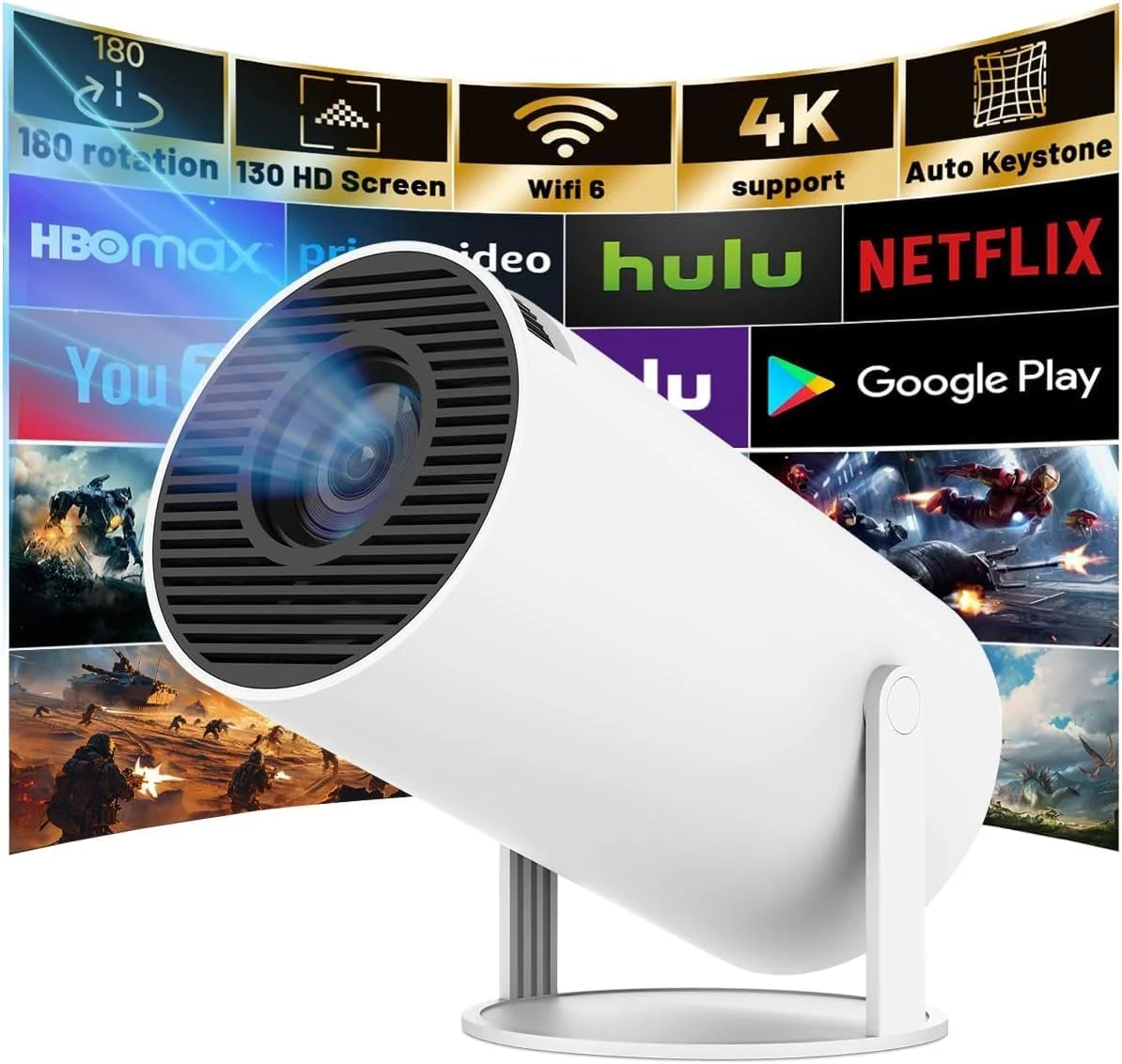 پروژکتور مینی قابل حمل هوشمند 4K مدل HY300 PRO [سال 2025]، سیستم پروژکتور WiFi6 5G، بلوتوث 5.0، چرخش 180 درجه، پروژکتور ویدیویی خانگی