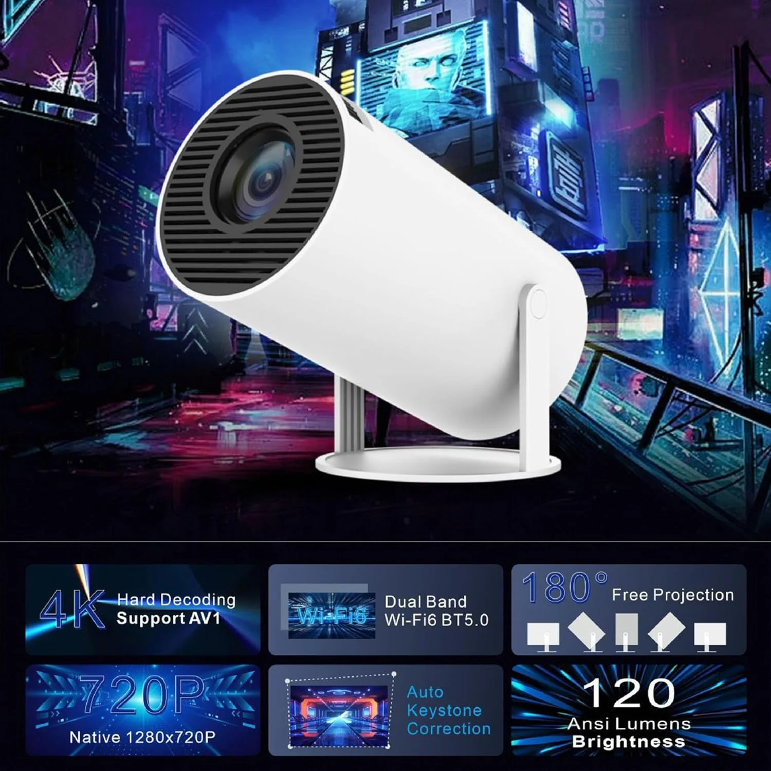 پروژکتور مینی قابل حمل هوشمند 4K مدل HY300 PRO [سال 2025]، سیستم پروژکتور WiFi6 5G، بلوتوث 5.0، چرخش 180 درجه، پروژکتور ویدیویی خانگی