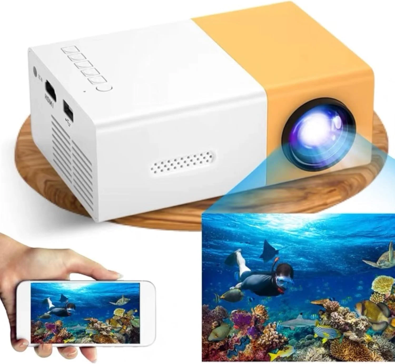 پروژکتور مینی قابل حمل، پروژکتور ویدئویی 1080P Full HD با بلندگوی HIFI داخلی سازگار با HDMI، USB، صدا، کارت TF، AV و کنترل از راه دور، پروژکتور فیلم سینمای خانگی سازگار با iOS/Android