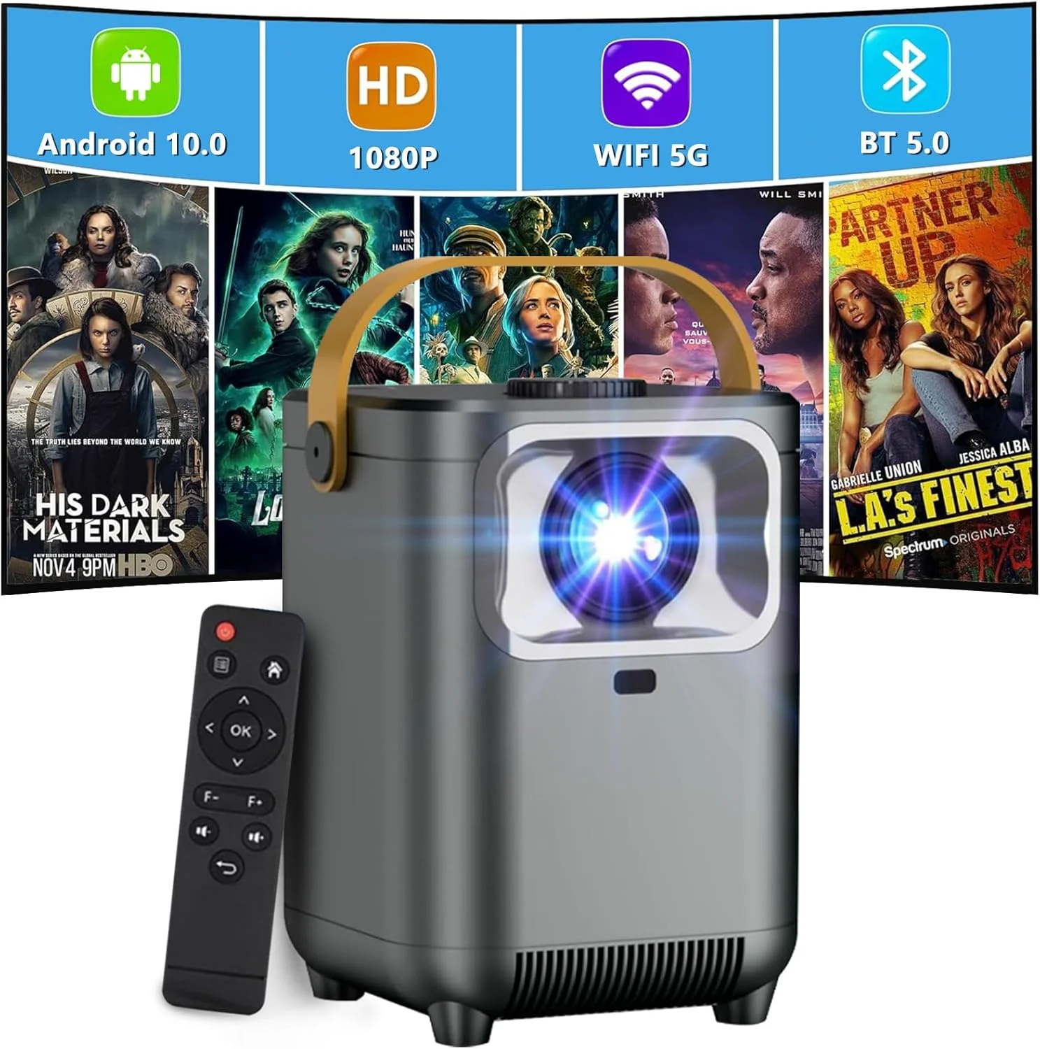 پروژکتور مینی قابل حمل برای سینمای خانگی، پروژکتور HD 1080P 5G WiFi بلوتوث برای فیلم های فضای باز، پشتیبانی از 4K، Android TV 10.0، نمایشگر 200 اینچی پروژکتور ویدیویی خانگی سازگار با iOS/Android