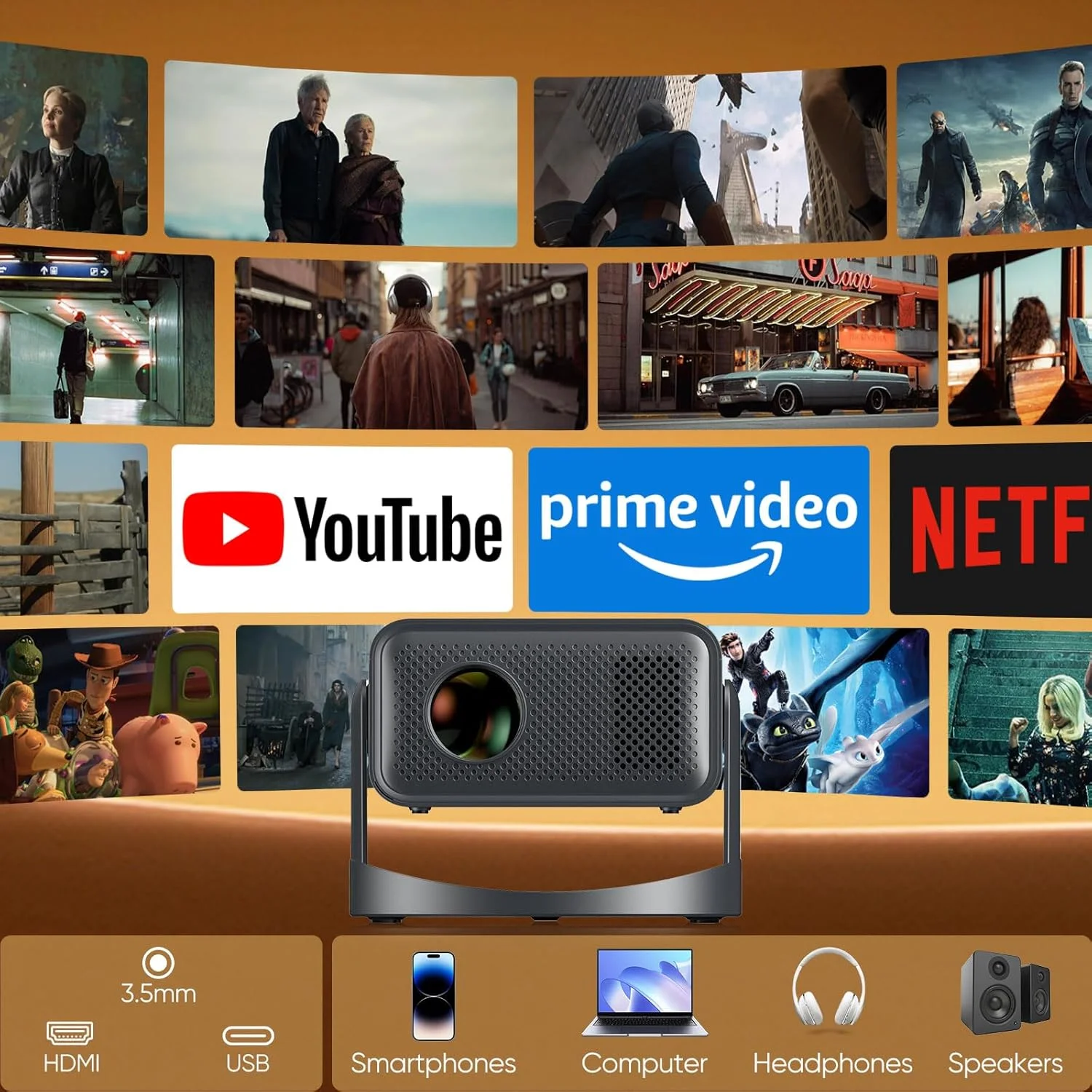 پروژکتور قابل حمل 1080P Full HD، پروژکتور با پشتیبانی از WiFi و بلوتوث با چرخش 230 درجه، پروژکتور هوشمند سازگار با Android/IOS/Windows/TV /HDMI/USB پروژکتور قابل حمل 1080P Full HD، پروژکتور با پشتیبانی از WiFi و بلوتوث با چرخش 230 درجه، پروژکتور هوشمند سازگار با Android/IOS/Windows/TV /HDMI/USB