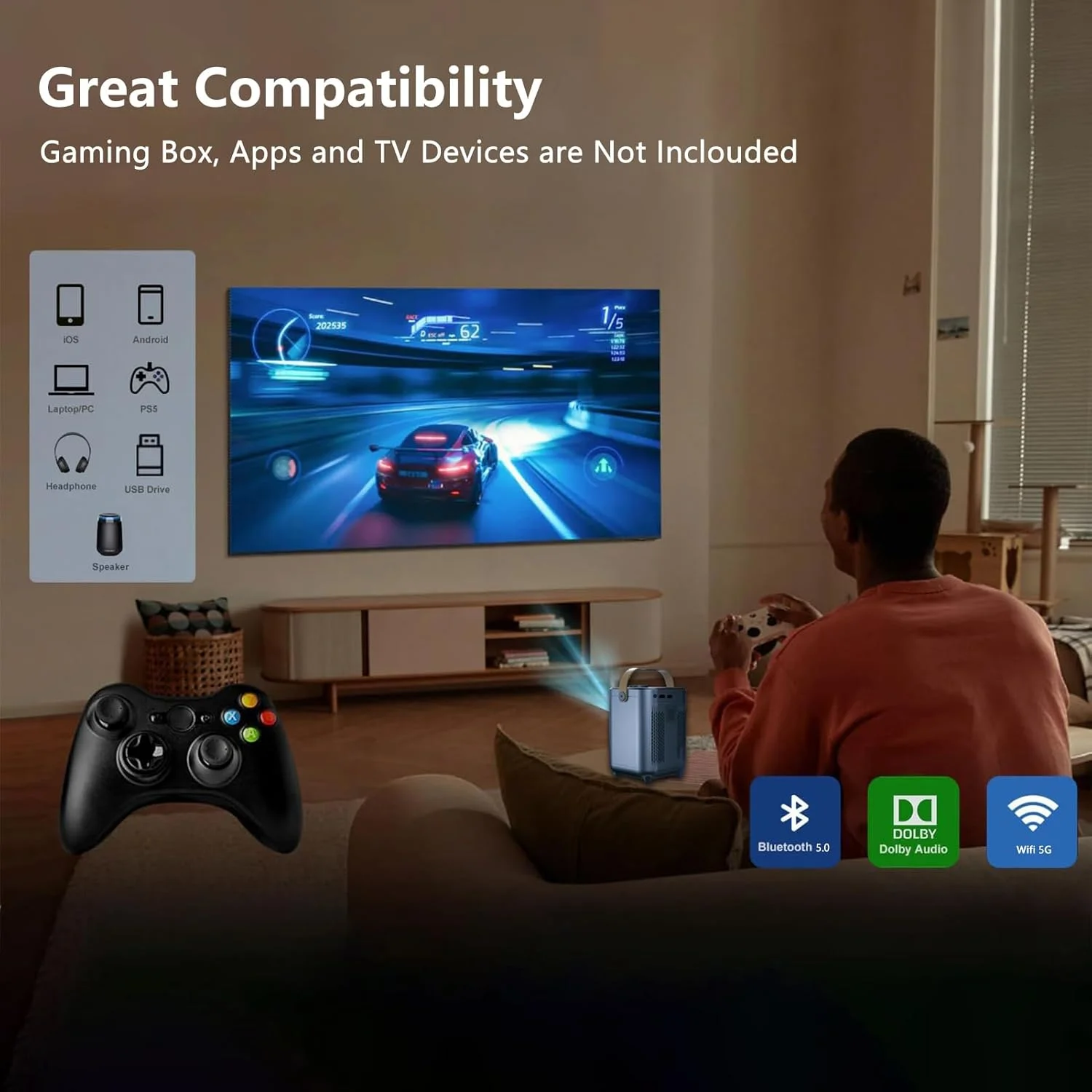 پروژکتور مینی قابل حمل برای سینمای خانگی، پروژکتور HD 1080P 5G WiFi بلوتوث برای فیلم های فضای باز، پشتیبانی از 4K، Android TV 10.0، نمایشگر 200 اینچی پروژکتور ویدیویی خانگی سازگار با iOS/Android پروژکتور مینی قابل حمل برای سینمای خانگی، پروژکتور HD 1080P 5G WiFi بلوتوث برای فیلم های فضای باز، پشتیبانی از 4K، Android TV 10.0، نمایشگر 200 اینچی پروژکتور ویدیویی خانگی سازگار با iOS/Android