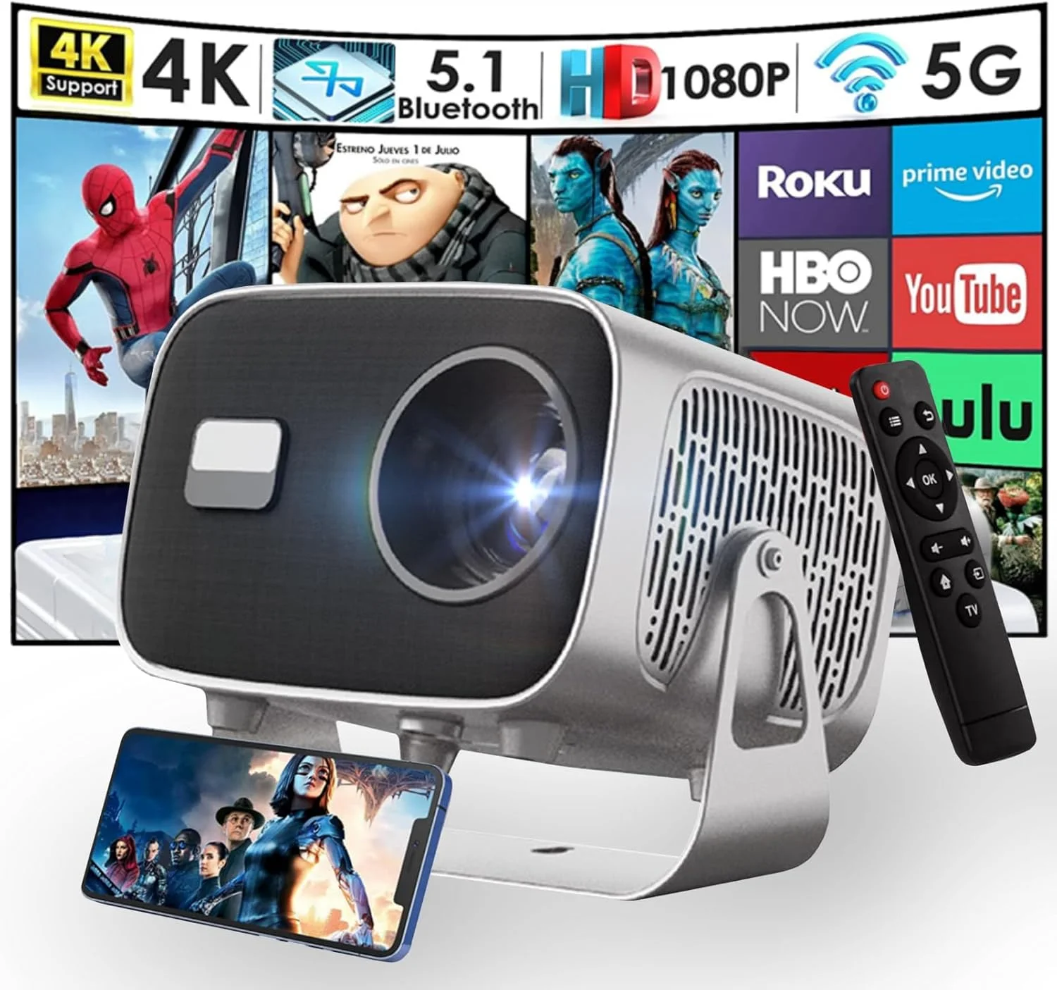 پروژکتور قابل حمل جدید TDOO 4K HD با WiFi6 و بلوتوث 5.0، فوکوس الکتریکی/اندروید 13.0، پشتیبانی از نمایشگر 200 اینچی، پروژکتور هوشمند 27000 لومن برای فیلم های فضای باز و سینمای خانگی به همراه پایه.