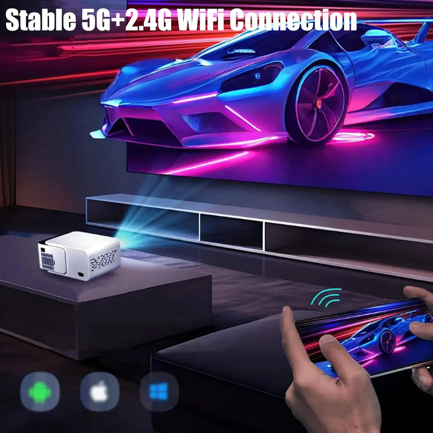 پروژکتور موبایل قابل حمل، 150 ANSI قابل حمل WiFi 6 بلوتوث Full HD 720P پروژکتور هوشمند پشتیبانی از 4K، زوم 80~200 اینچی 4 نقطه ای تصحیح خودکار کیستون، سینمای خانگی، پروژکتور تلفن هوشمند فیلم در فضای باز پروژکتور موبایل قابل حمل، 150 ANSI قابل حمل WiFi 6 بلوتوث Full HD 720P پروژکتور هوشمند پشتیبانی از 4K، زوم 80~200 اینچی 4 نقطه ای تصحیح خودکار کیستون، سینمای خانگی، پروژکتور تلفن هوشمند فیلم در فضای باز