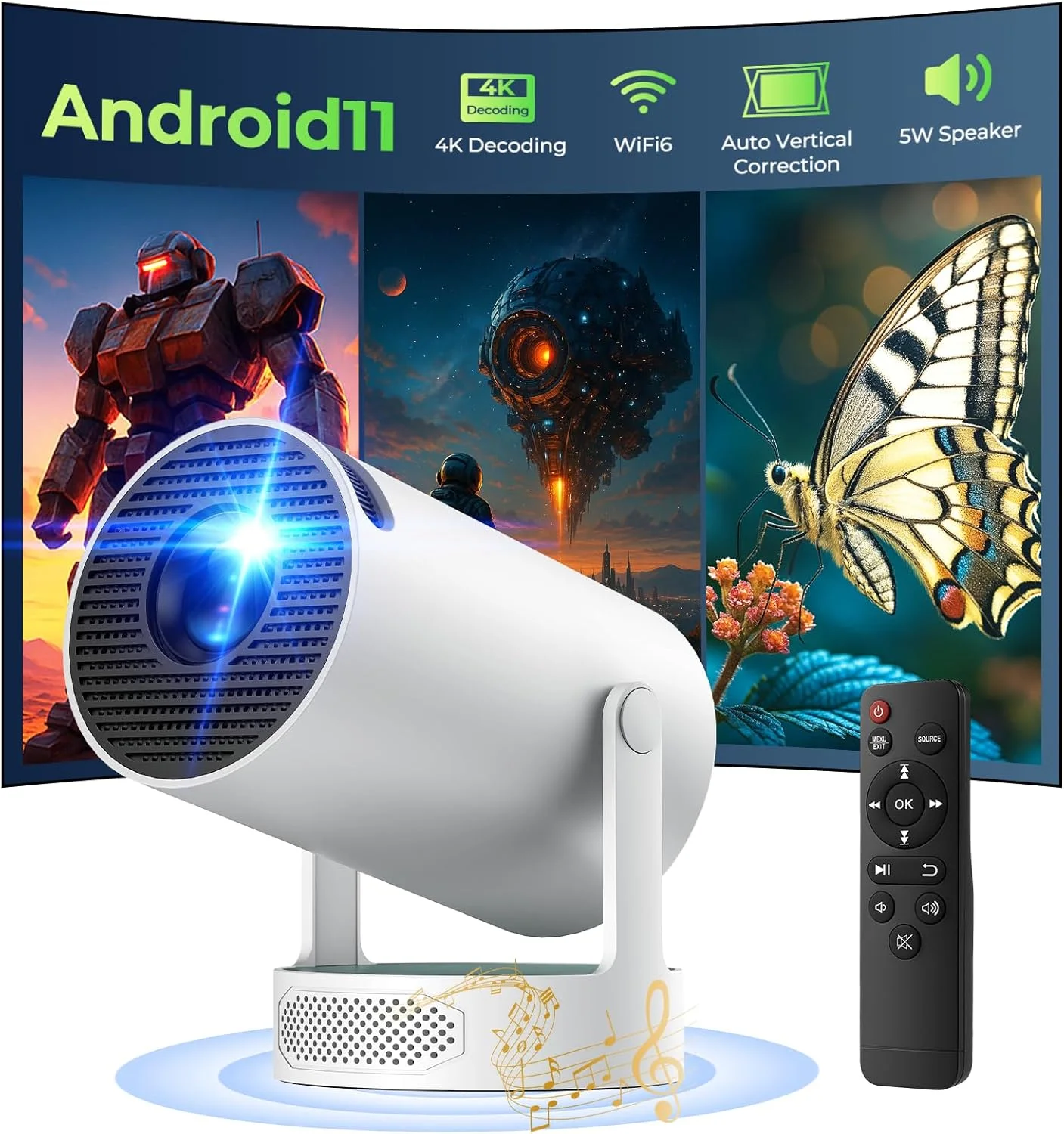 پروژکتور قابل حمل 4K و 1080P HD WiFi، بلوتوث با فوکوس و اصلاح زاویه خودکار 220 درجه سازگار با تلفن هوشمند، HDMI، USB، تلویزیون، لپ تاپ