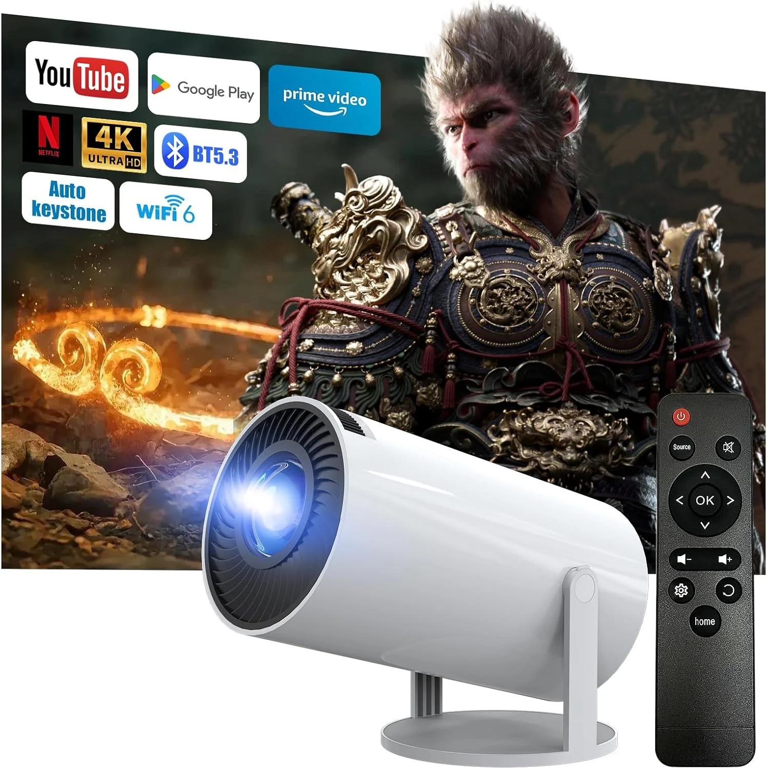 پروژکتور قابل حمل با اندروید 13، پروژکتور ارتقا یافته 2025 با پشتیبانی از کیفیت 4K 1080P Full HD، مینی پروژکتور قابل حمل WiFi 6 BT 5.3، پروژکتور سینمای خانگی برای تی وی استیک/HDMI/USB/لپ تاپ/تلفن