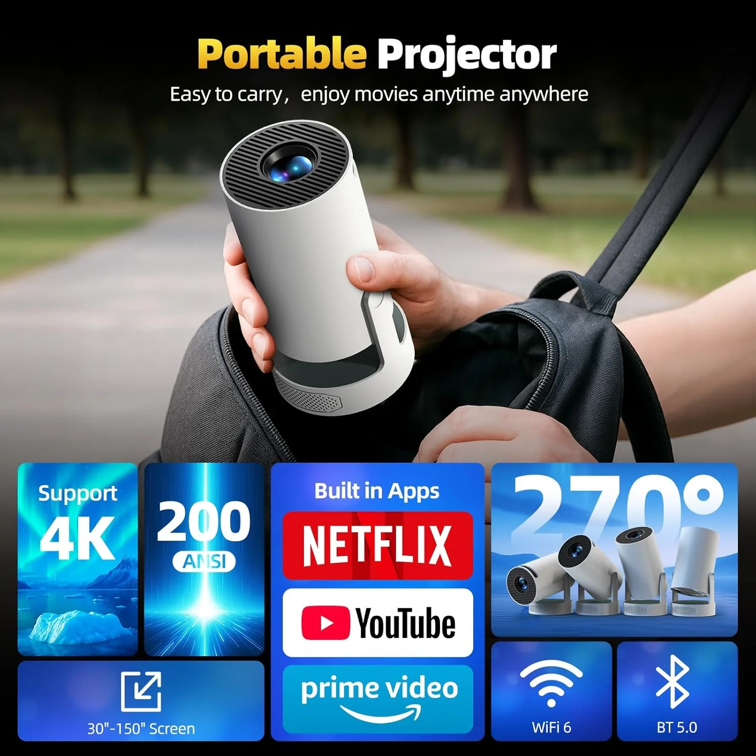 پروژکتور قابل حمل 4K و 1080P HD WiFi، بلوتوث با فوکوس و اصلاح زاویه خودکار 220 درجه سازگار با تلفن هوشمند، HDMI، USB، تلویزیون، لپ تاپ پروژکتور قابل حمل 4K و 1080P HD WiFi، بلوتوث با فوکوس و اصلاح زاویه خودکار 220 درجه سازگار با تلفن هوشمند، HDMI، USB، تلویزیون، لپ تاپ