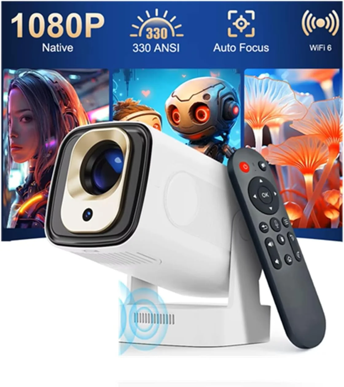 پروژکتور قابل حمل 4K با کیفیت اصلی 1080P، فوکوس خودکار، اندروید 11، بلندگوی داخلی، 330ANSI، وای فای دوگانه BT5.4، ایر ماوس، سینمای فضای باز با صدای فراگیر (HY310 سفید)