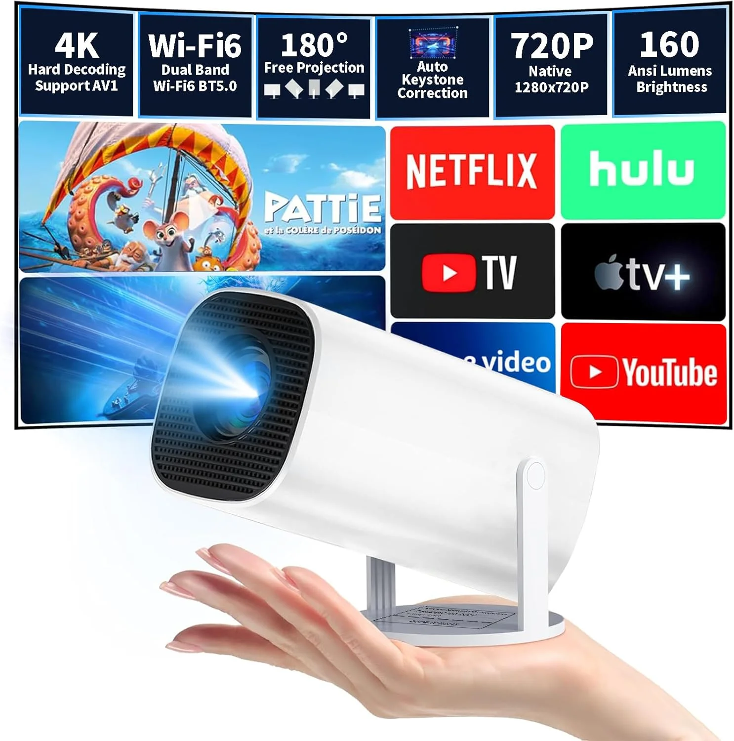 پروژکتور مینی Pomefar با پشتیبانی از 4K، پروژکتور قابل حمل WiFi6 BT 5.0 Android 11، پروژکتور هوشمند با تصحیح خودکار افقی، پروژکتور فیلم 180 درجه چرخان در فضای باز سازگار با تلفن