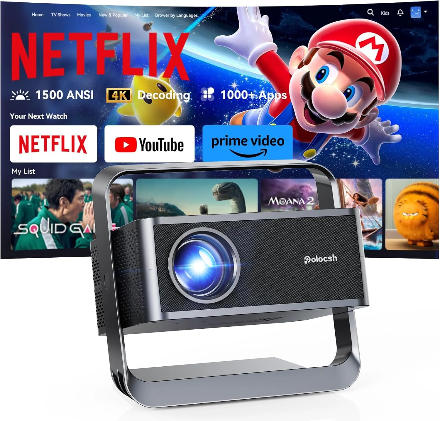 پروژکتور هوشمند Polocsh با کیفیت 1080P و پشتیبانی از 4K، دارای WIFI 6 و بلوتوث دو طرفه، 1500 انسی لومن، فوکوس الکتریکی خودکار، پروژکتورهای کوچک قابل حمل مناسب برای سینمای خانگی، فیلم و فضای باز