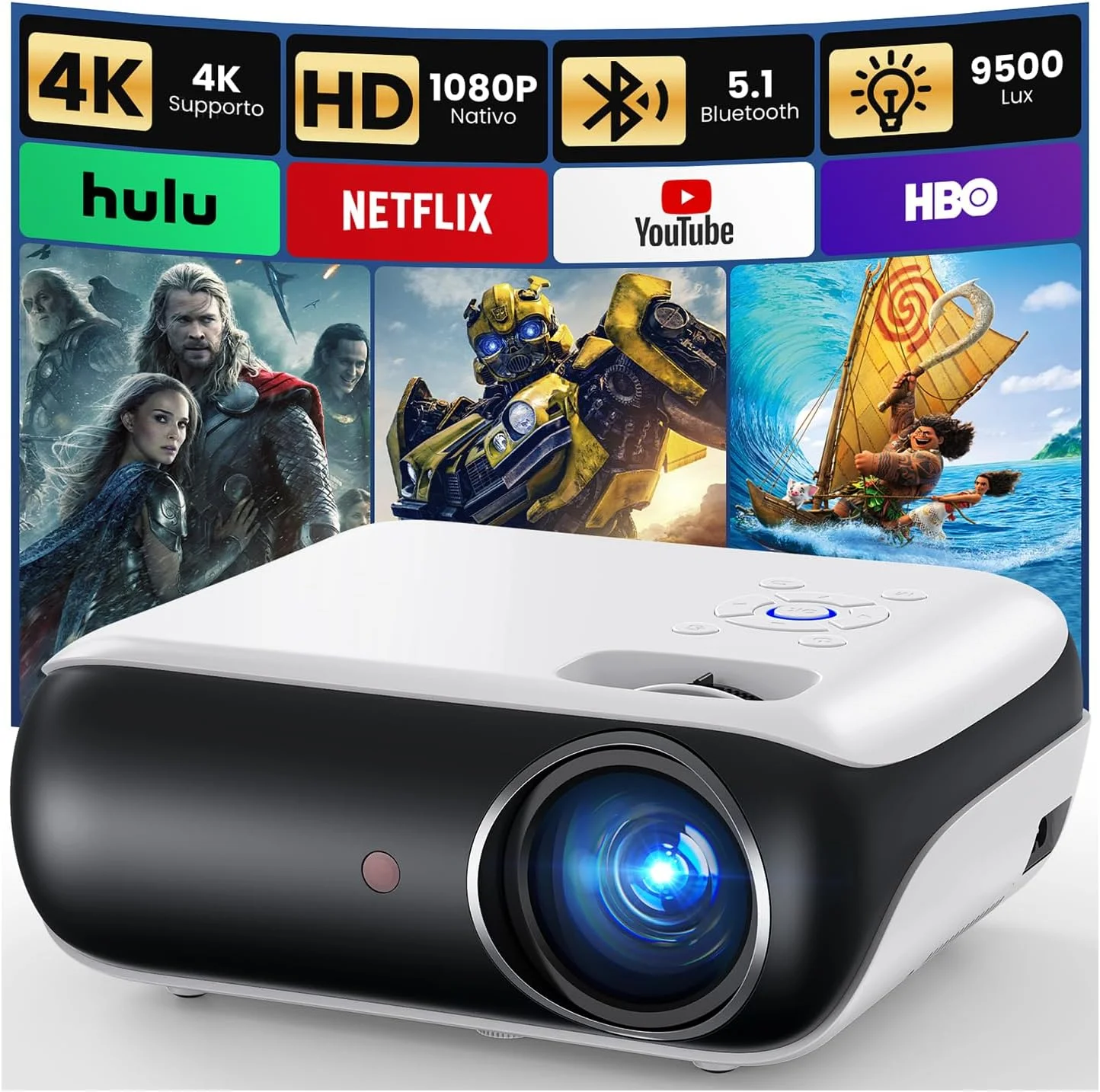 پروژکتور مینی 4K، پروژکتور قابل حمل ارتقا یافته 2025 با کیفیت اصلی 1080P بلوتوث 5.1 سازگار با تی وی استیک، تلفن هوشمند، لپ تاپ، HDMI، USB مدل HAPPRUN Beamer H1