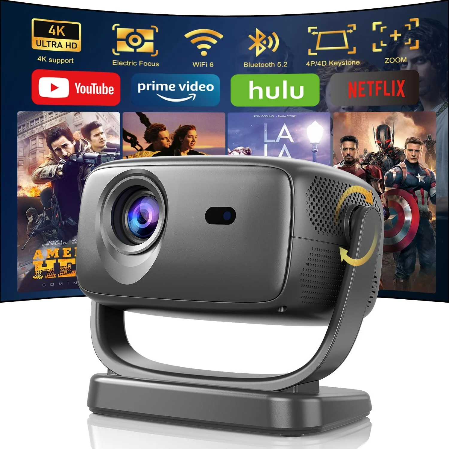 پروژکتور 4K، فوکوس الکتریکی/تصحیح ذوزنقه ای، 26000 لومن، پروژکتور قابل حمل فضای باز با WiFi 6 و BT5.2، چرخش 180 درجه، پروژکتور ویدیویی سینمای خانگی برای تلفن های هوشمند iOS/Android/Fire