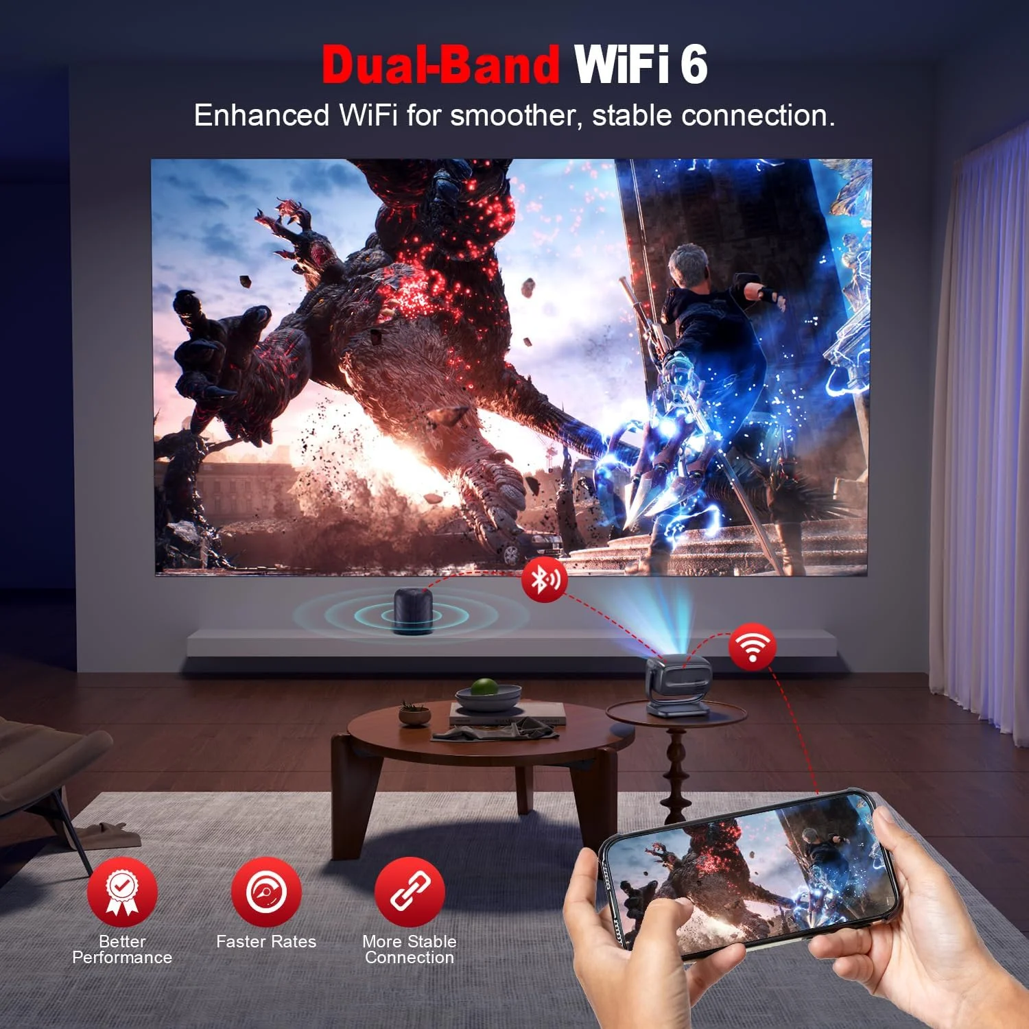 پروژکتور 4K، فوکوس الکتریکی/تصحیح ذوزنقه ای، 26000 لومن، پروژکتور قابل حمل فضای باز با WiFi 6 و BT5.2، چرخش 180 درجه، پروژکتور ویدیویی سینمای خانگی برای تلفن های هوشمند iOS/Android/Fire پروژکتور 4K، فوکوس الکتریکی/تصحیح ذوزنقه ای، 26000 لومن، پروژکتور قابل حمل فضای باز با WiFi 6 و BT5.2، چرخش 180 درجه، پروژکتور ویدیویی سینمای خانگی برای تلفن های هوشمند iOS/Android/Fire